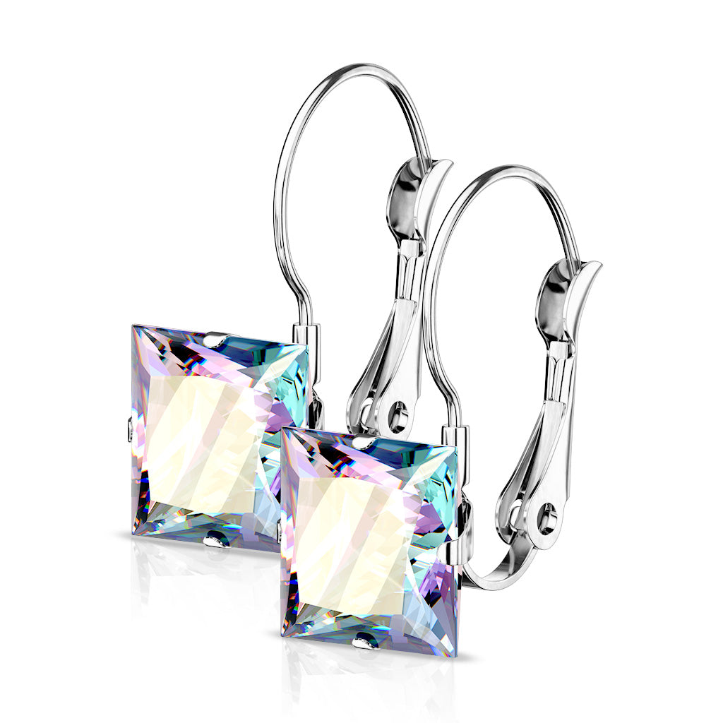 8mm Princess CZ Stainless Steel Leverback Earrings