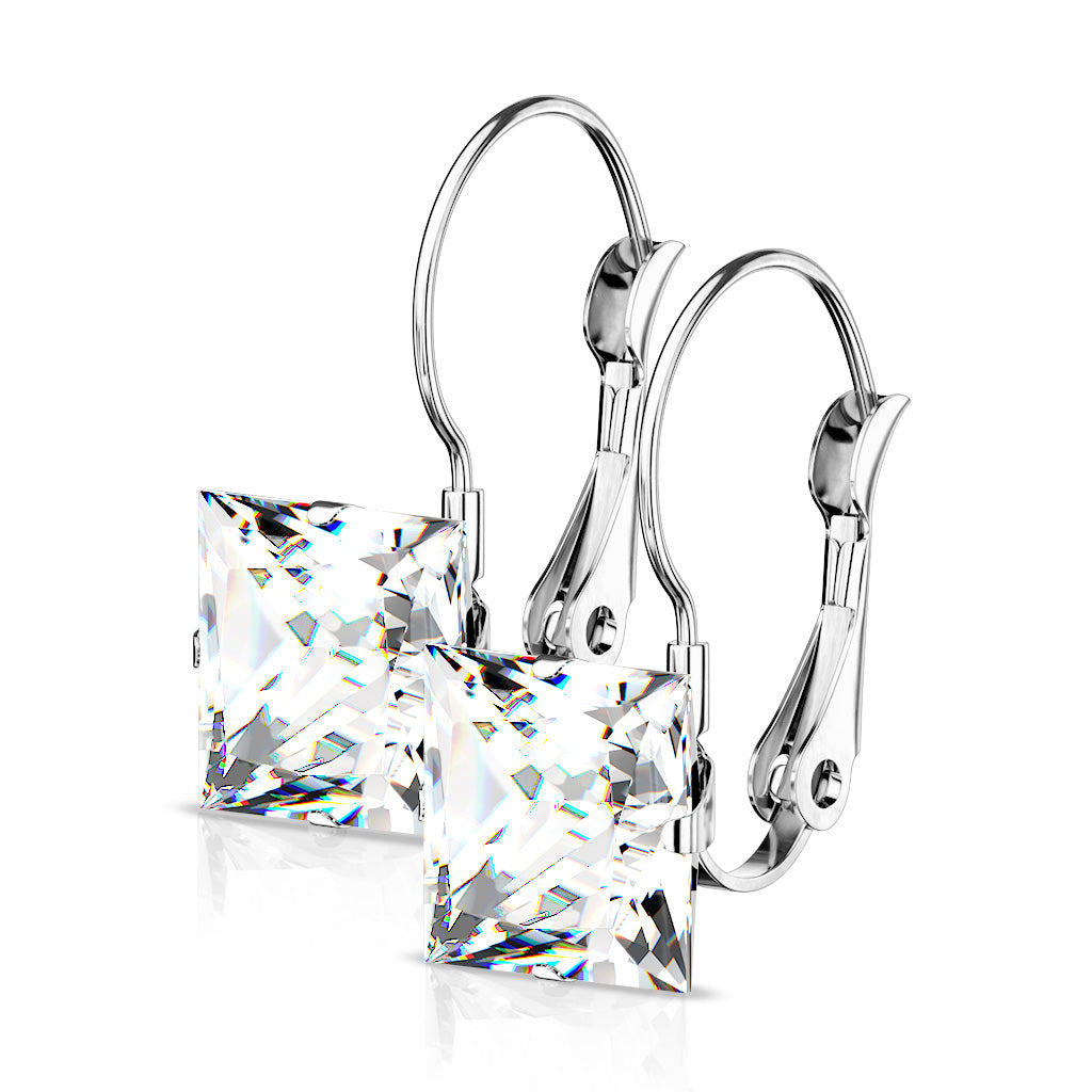 8mm Princess CZ Stainless Steel Leverback Earrings