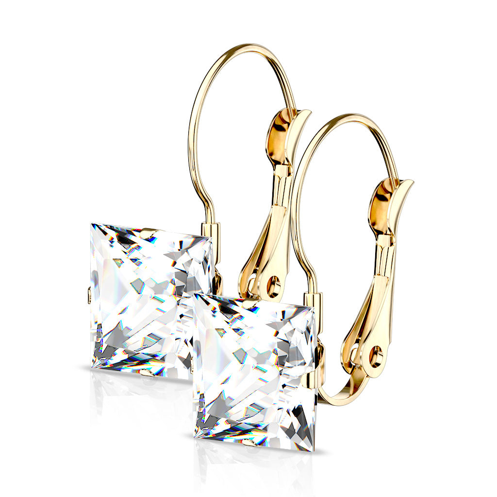 8mm Princess CZ Stainless Steel Leverback Earrings