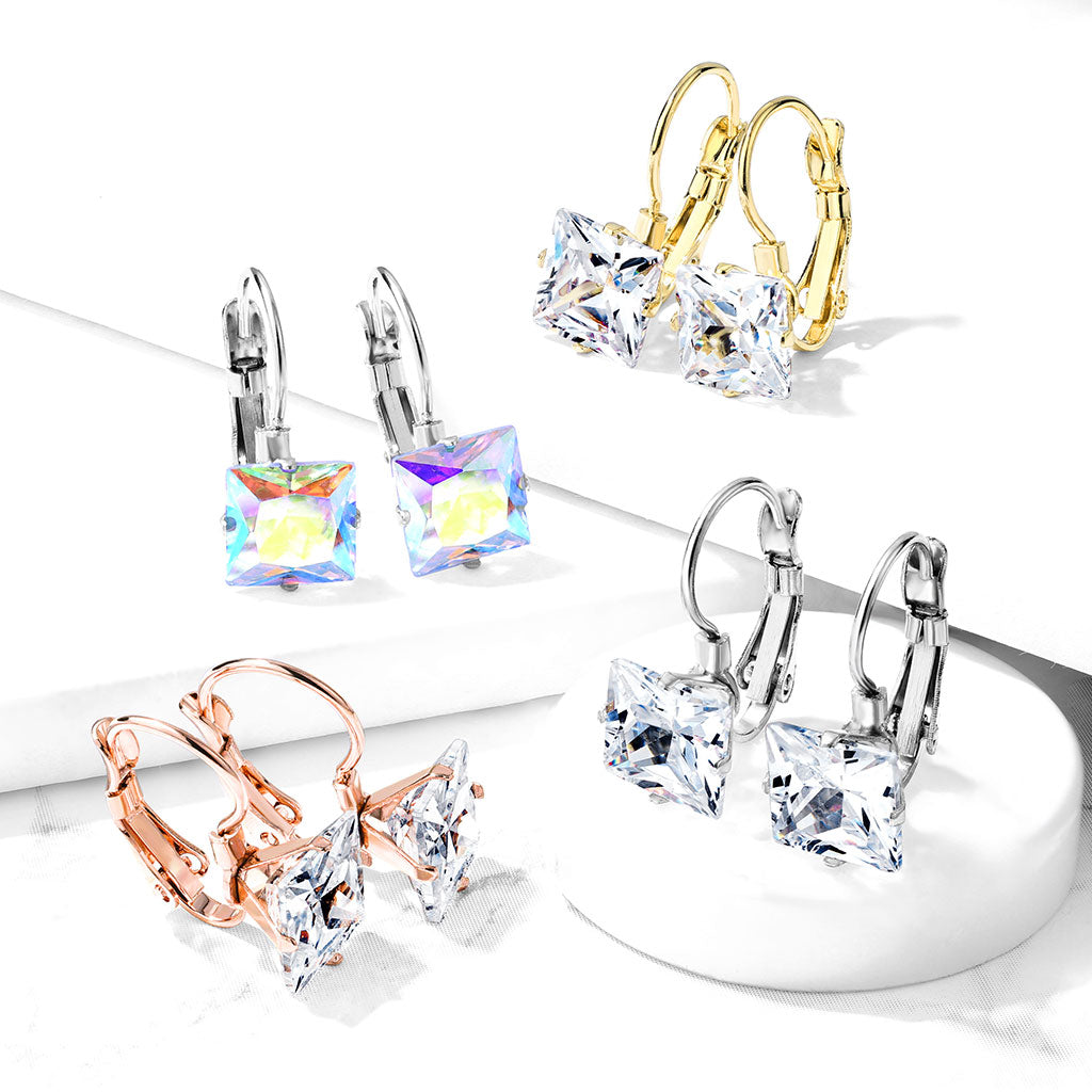 8mm Princess CZ Stainless Steel Leverback Earrings