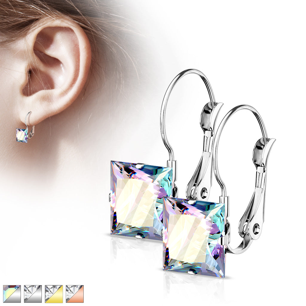 8mm Princess CZ Stainless Steel Leverback Earrings