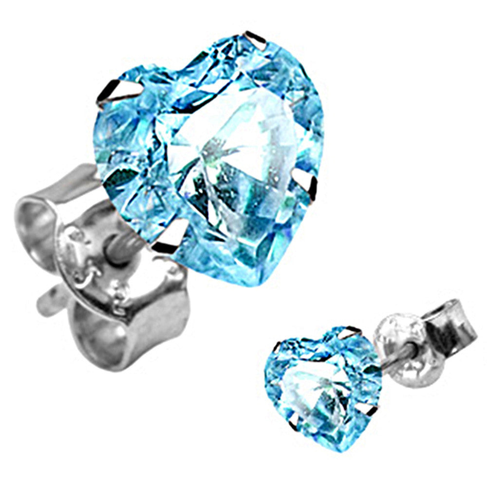 925 Sterling Silver Aqua CZ Heart Stud Earrings