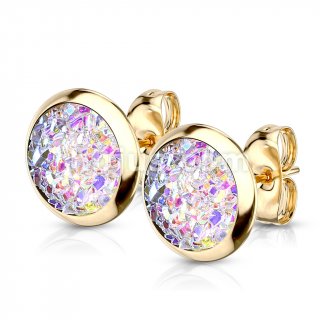 8mm Aurora Synthetic Druzy Stone Gold PVD 316L Stainless Steel Stud Earrings