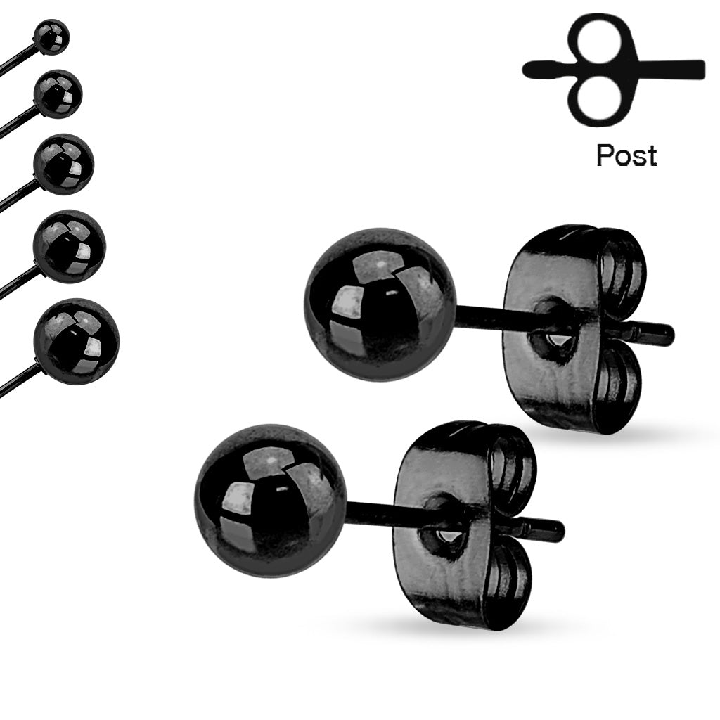 Black IP 316L Stainless Steel Ball Stud Earrings 3mm to 7mm Sizes