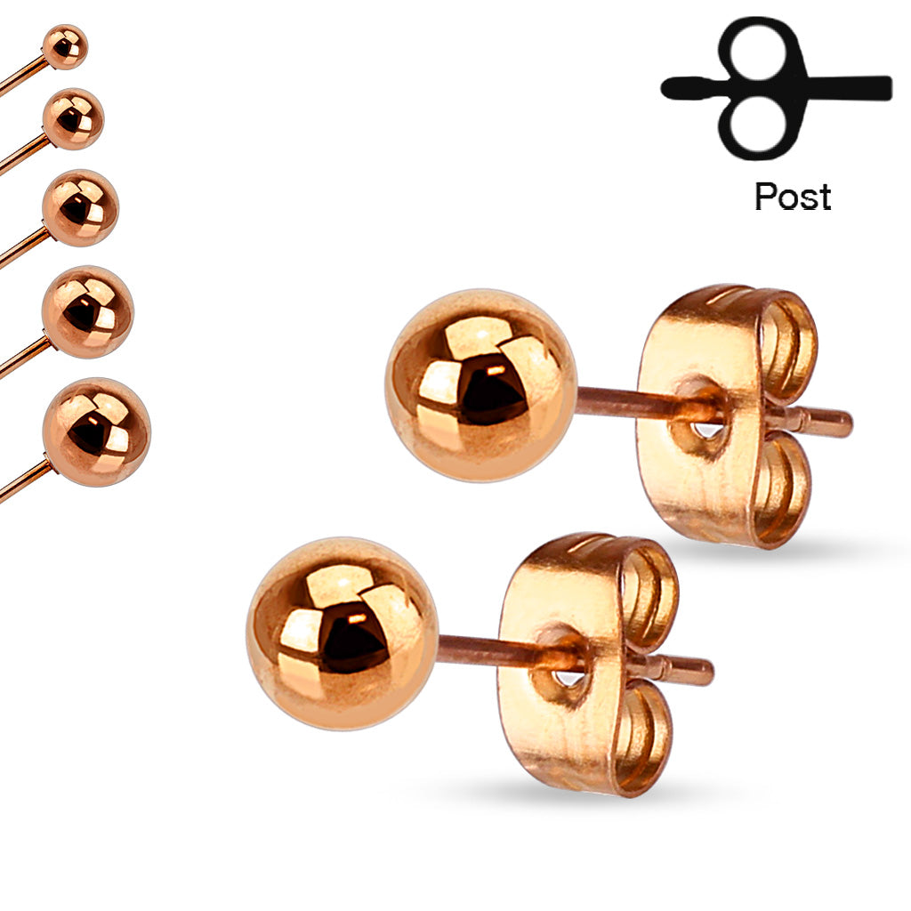 Rose Gold IP 316L Stainless Steel Ball Stud Earrings 3mm to 7mm Sizes