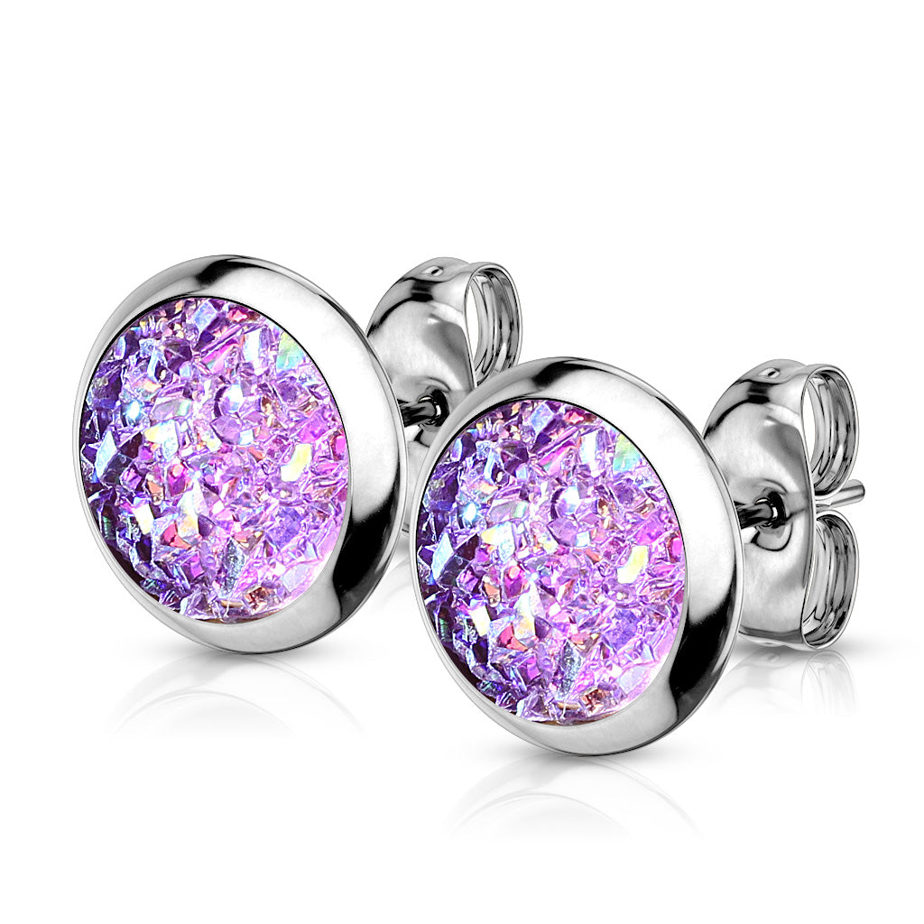 8mm Purple Synthetic Druzy Stone 316L Stainless Steel Stud Earrings