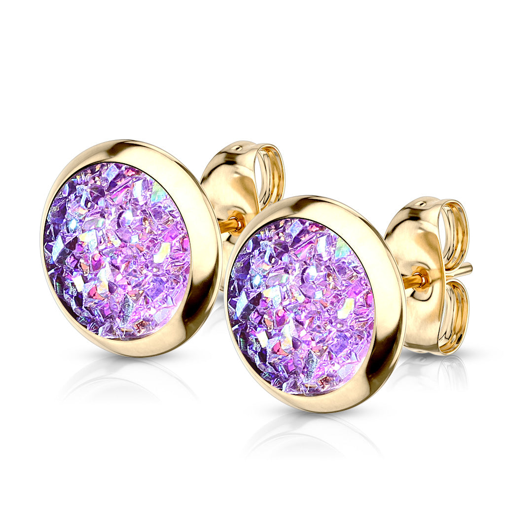 8mm Purple Synthetic Druzy Stone Gold PVD 316L Stainless Steel Stud Earrings