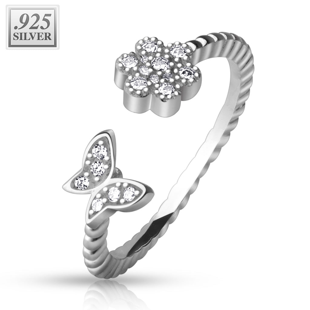 925 Sterling Silver CZ Butterfly Spring Flower Toe Ring