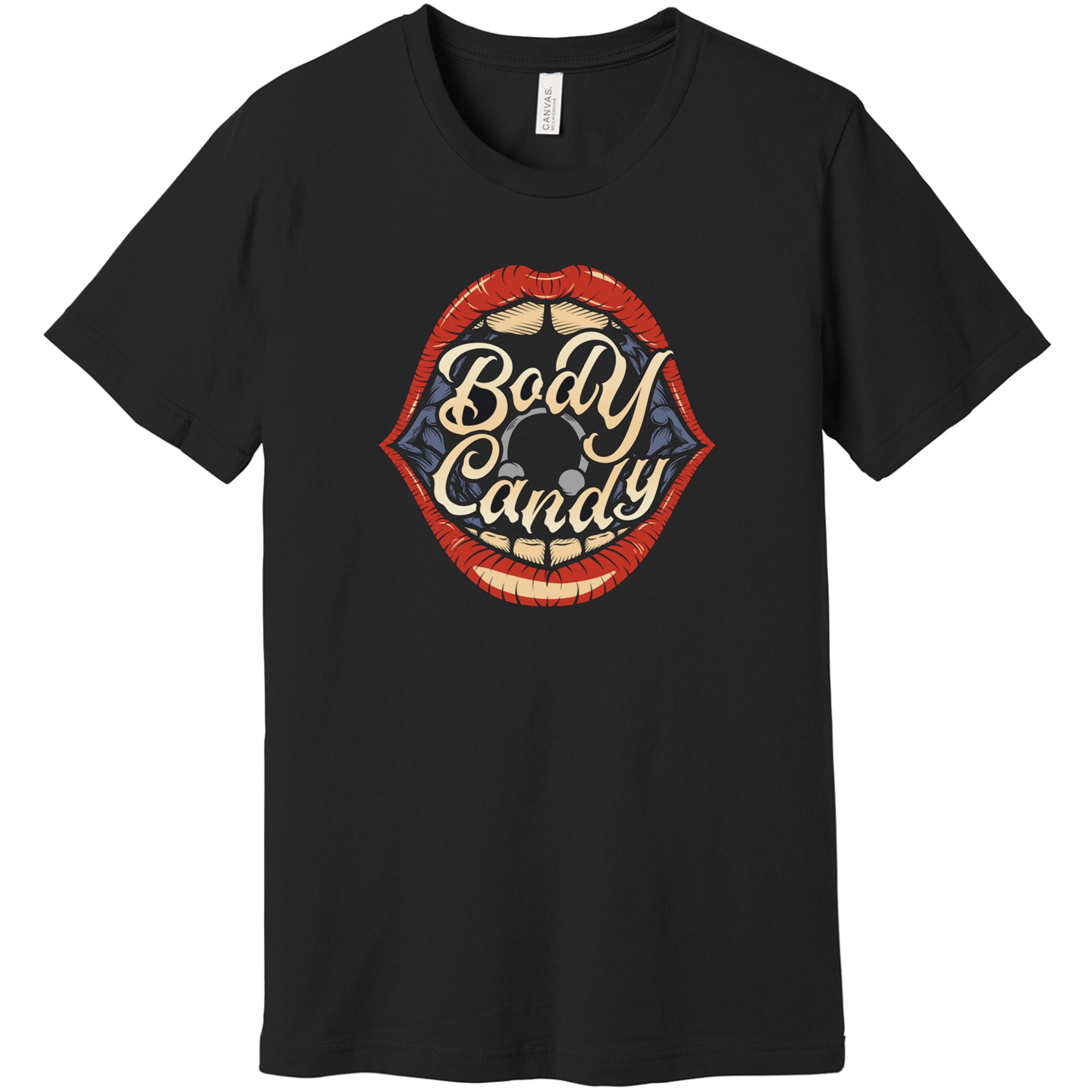 Big Mouth Piercing Body Candy Black Crew Neck Tee Shirt