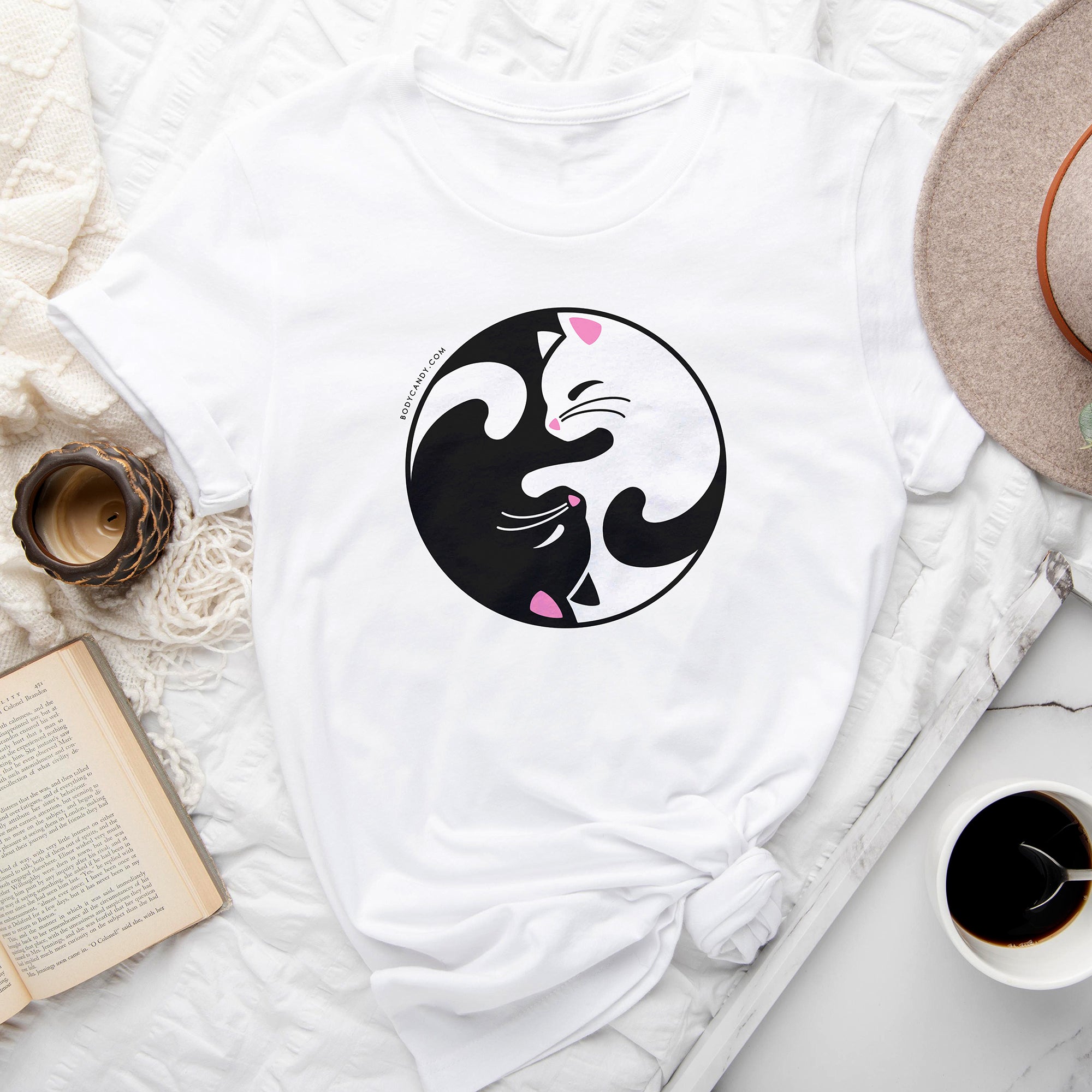 Cute Kitty Cat Yin Yang Crew Neck Tee Shirt