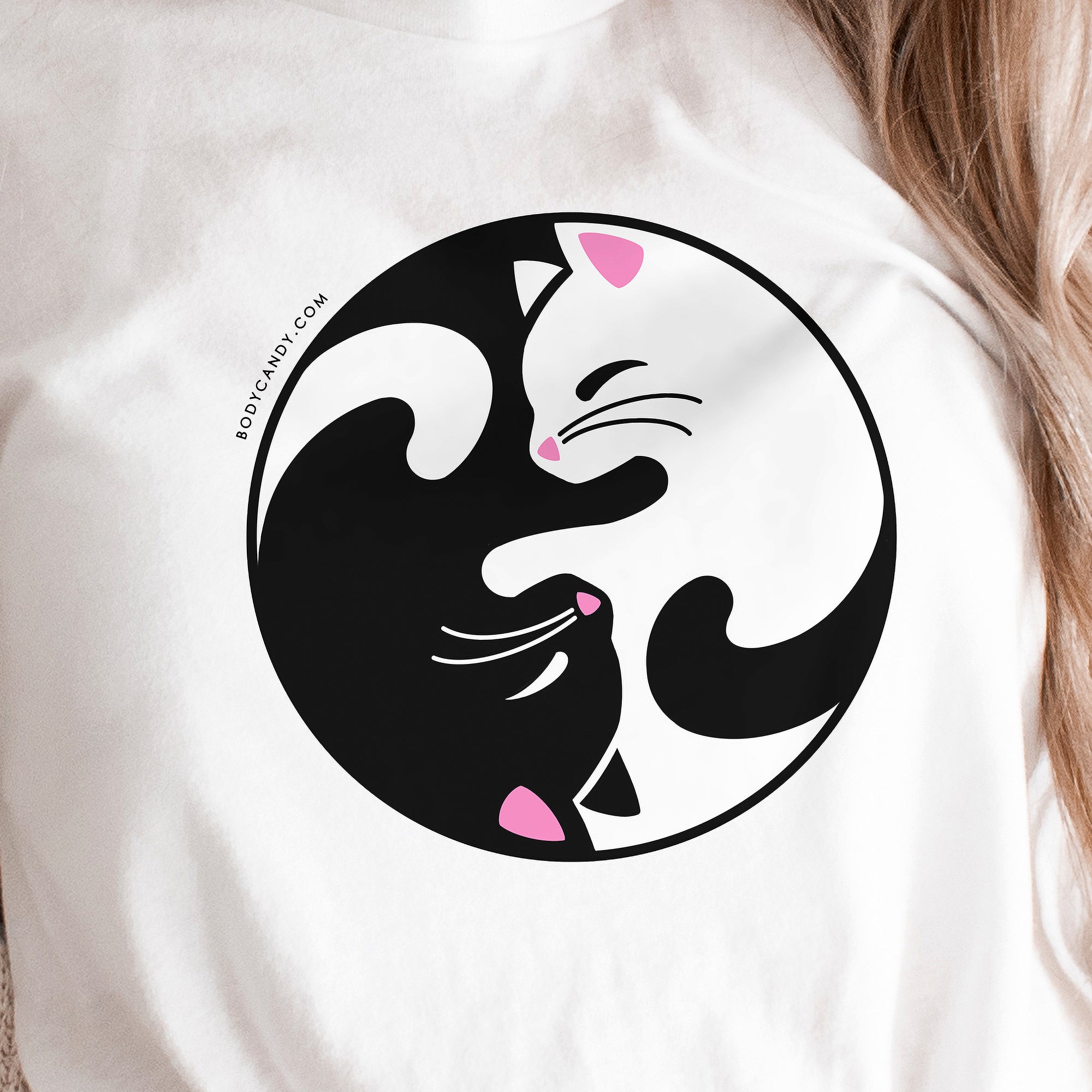 Cute Kitty Cat Yin Yang Crew Neck Tee Shirt