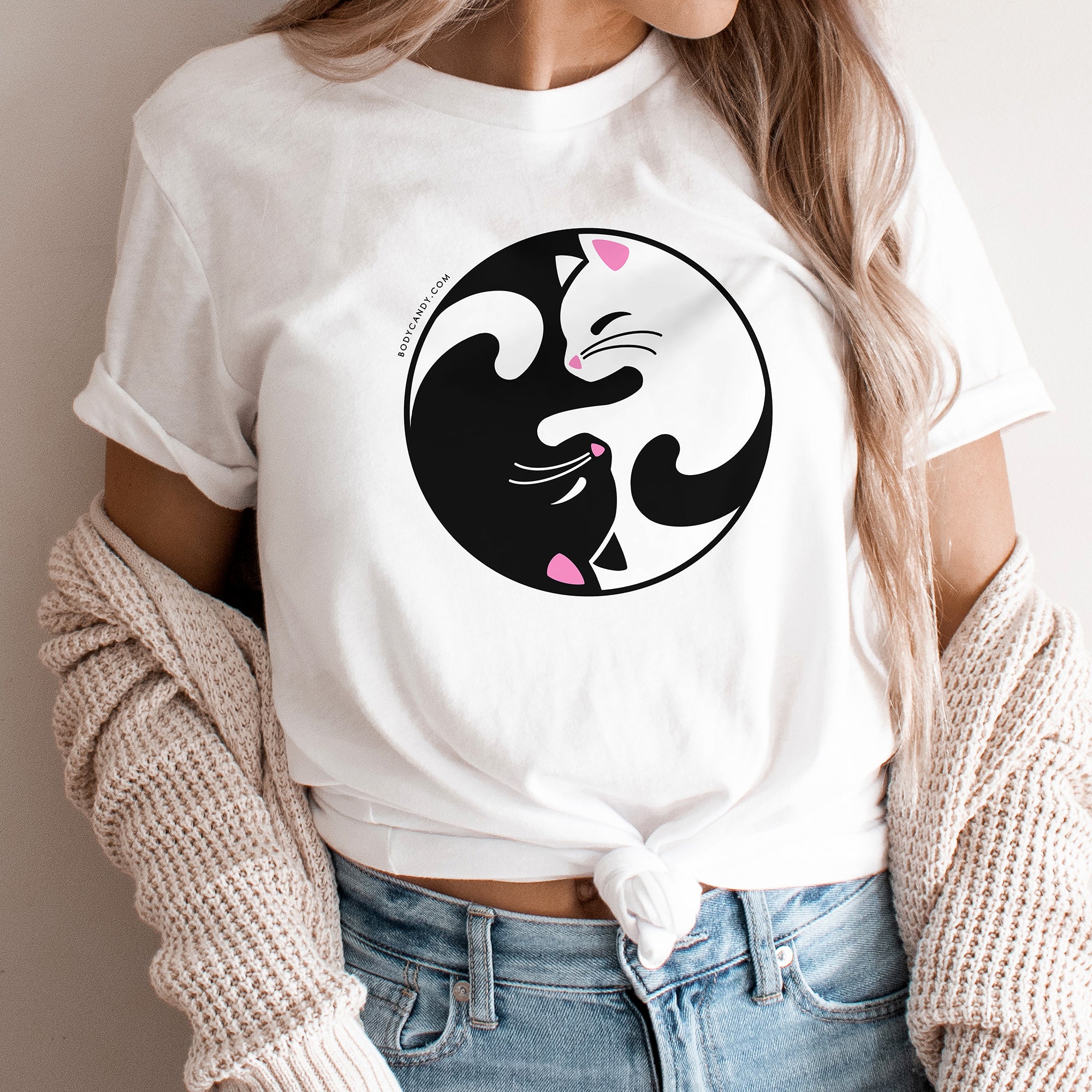 Cute Kitty Cat Yin Yang Crew Neck Tee Shirt