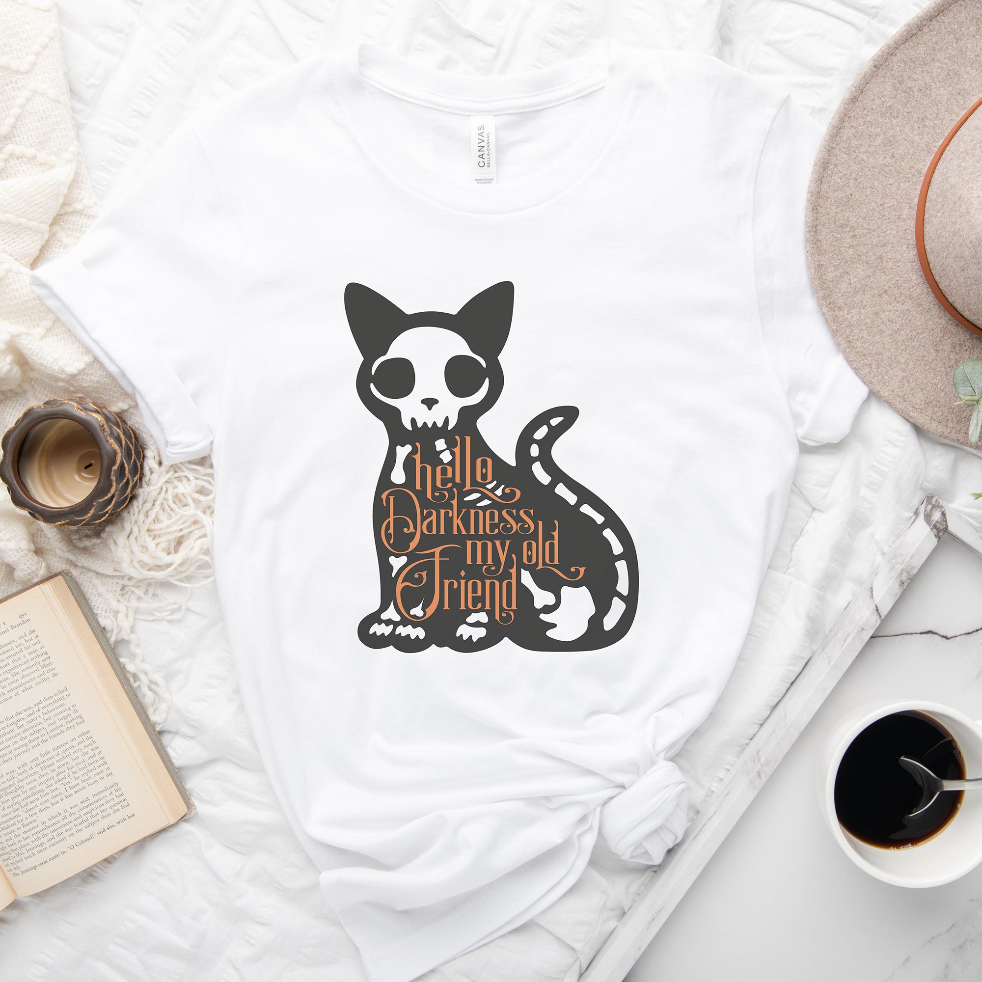 Skeleton Kitty Cat Hello Darkness Tee Shirt