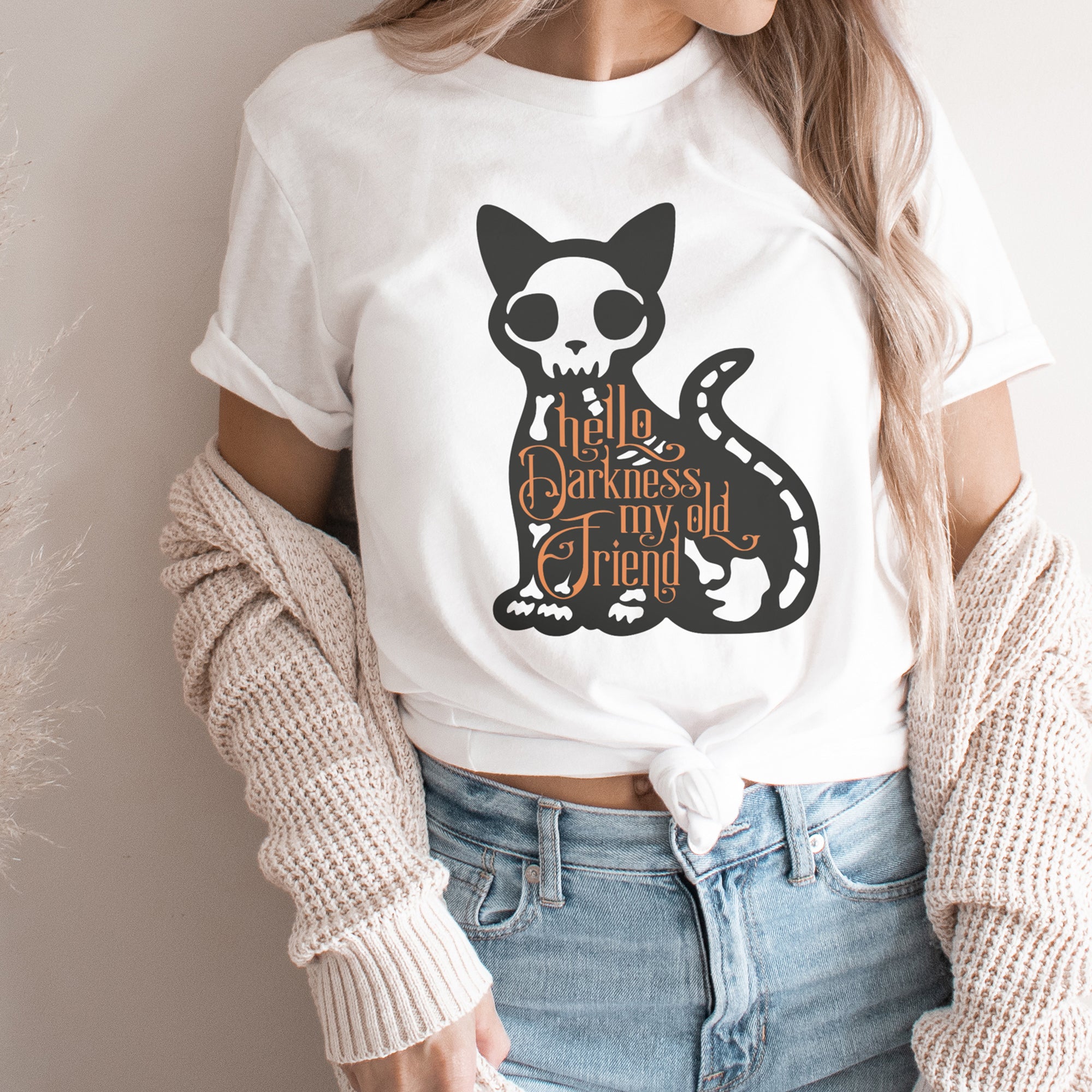 Skeleton Kitty Cat Hello Darkness Tee Shirt