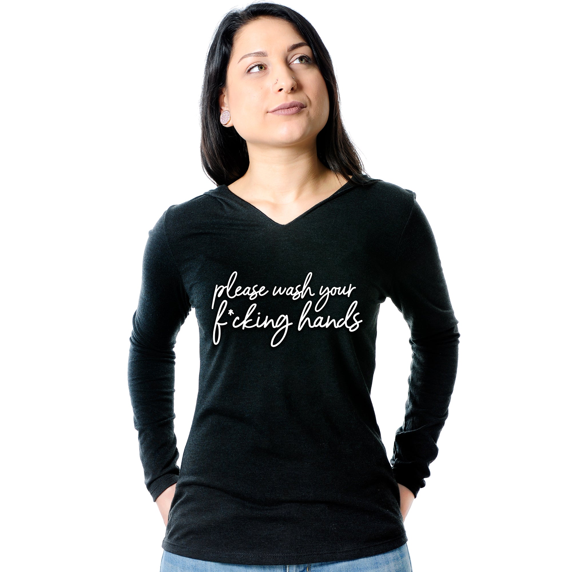 Cursive Please Wash Your F*cking Hands Tapered Long Sleeve Hoodie