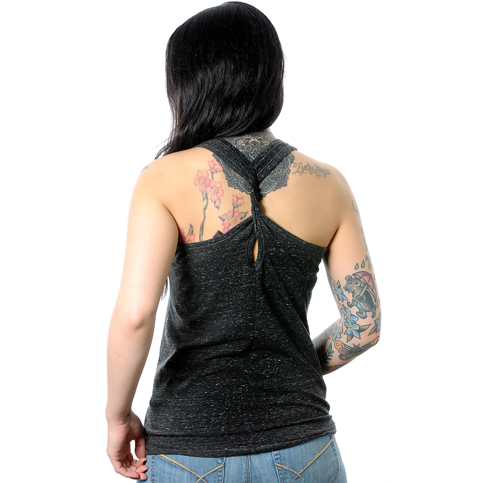 Pierced AF Black Gray Cosmic Twist Back Tank Top