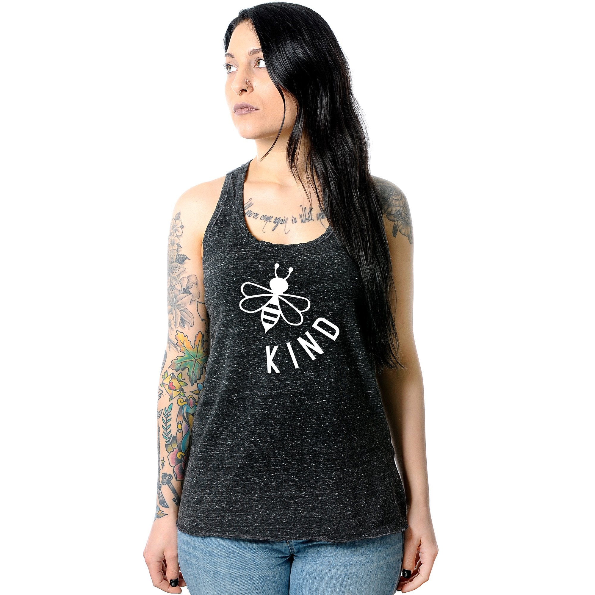 Bee Kind Black Gray Cosmic Twist Back Tank Top