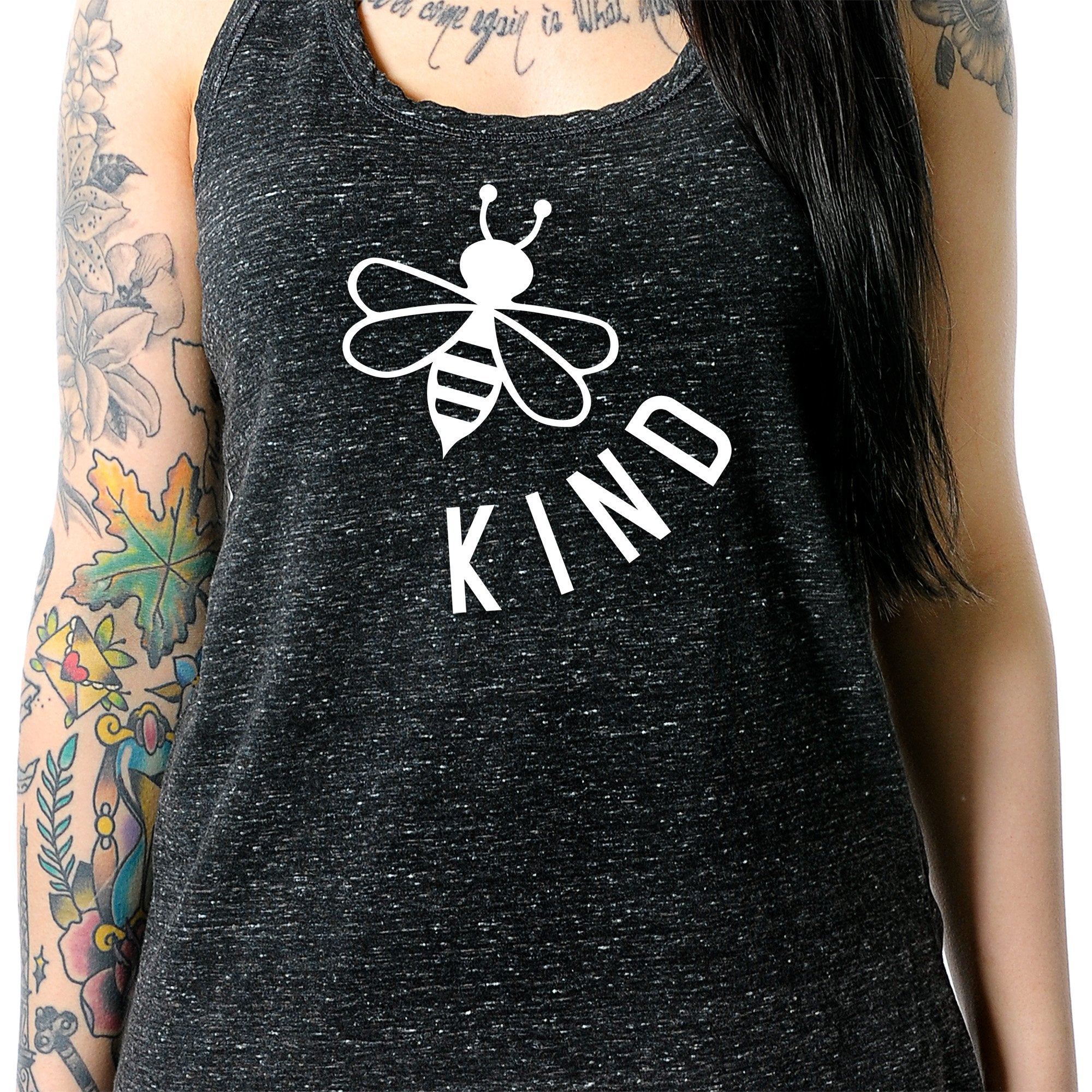 Bee Kind Black Gray Cosmic Twist Back Tank Top