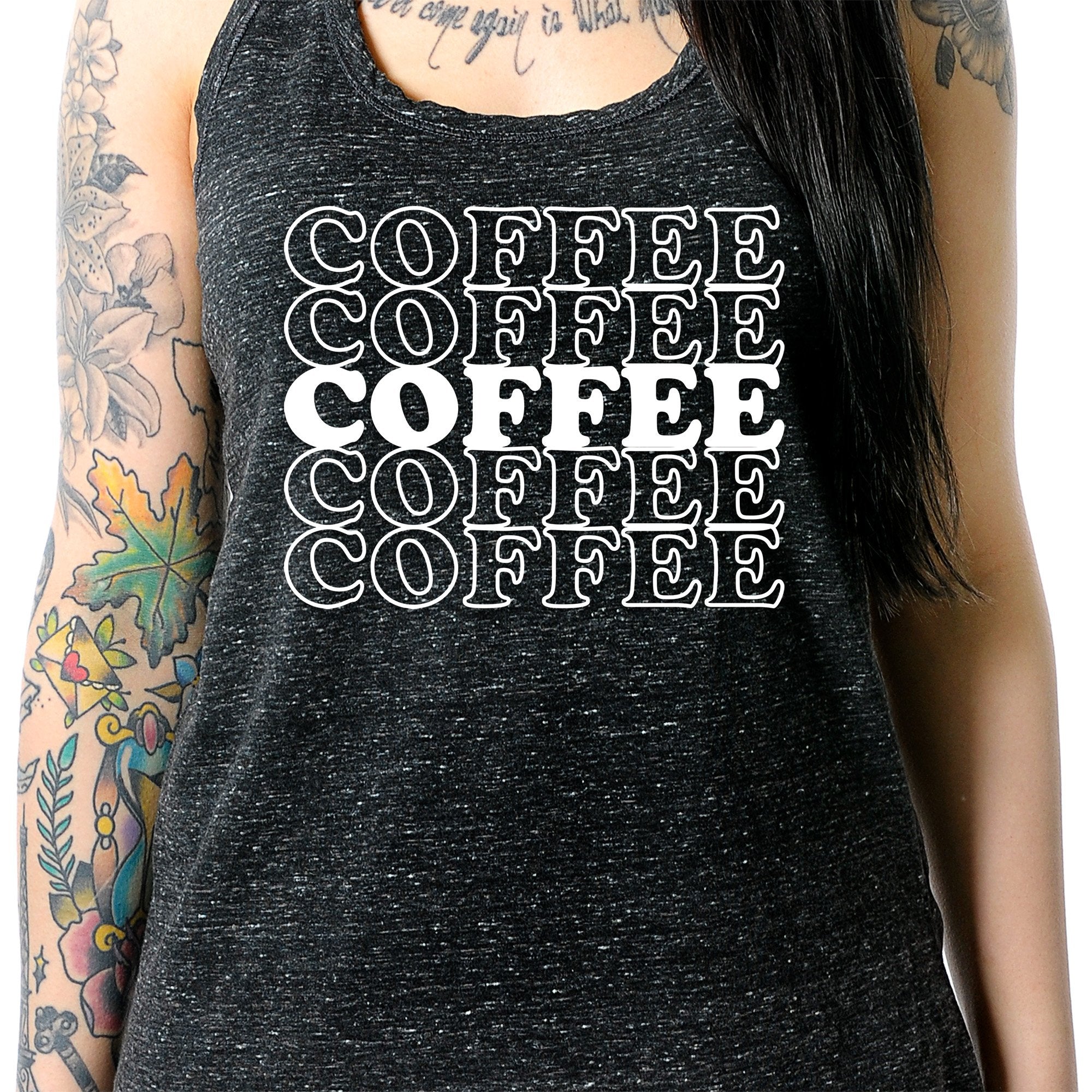 Coffee Coffee Coffee Coffee Coffee Black Gray Cosmic Twist Back Tank Top