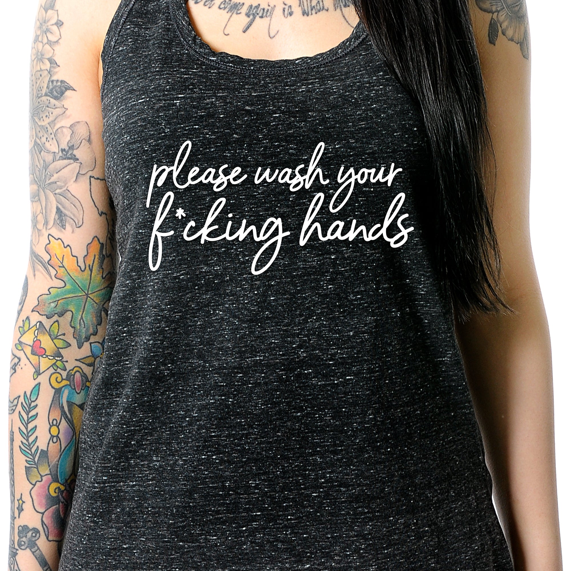 Cursive Please Wash Your F*cking Hands Cosmic Twist Back Tank Top