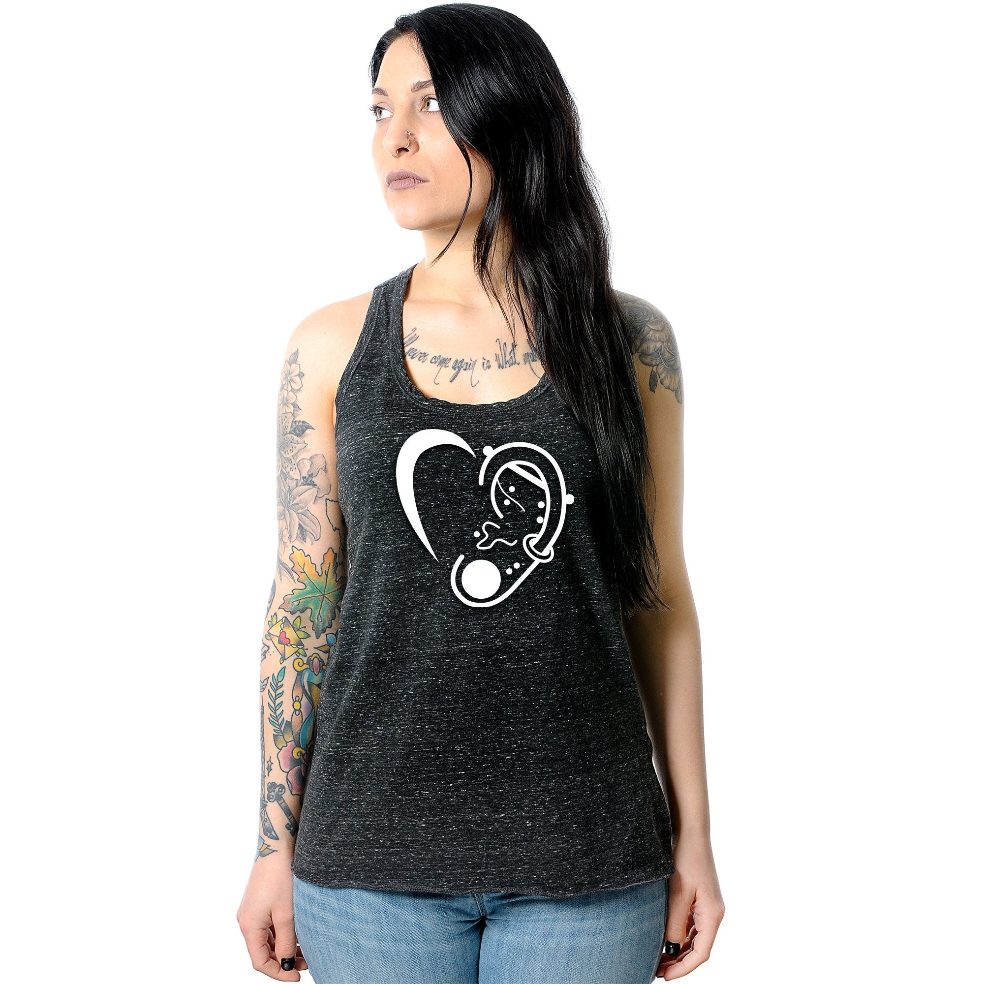 Modified Ear Heart Black Gray Cosmic Twist Back Tank Top