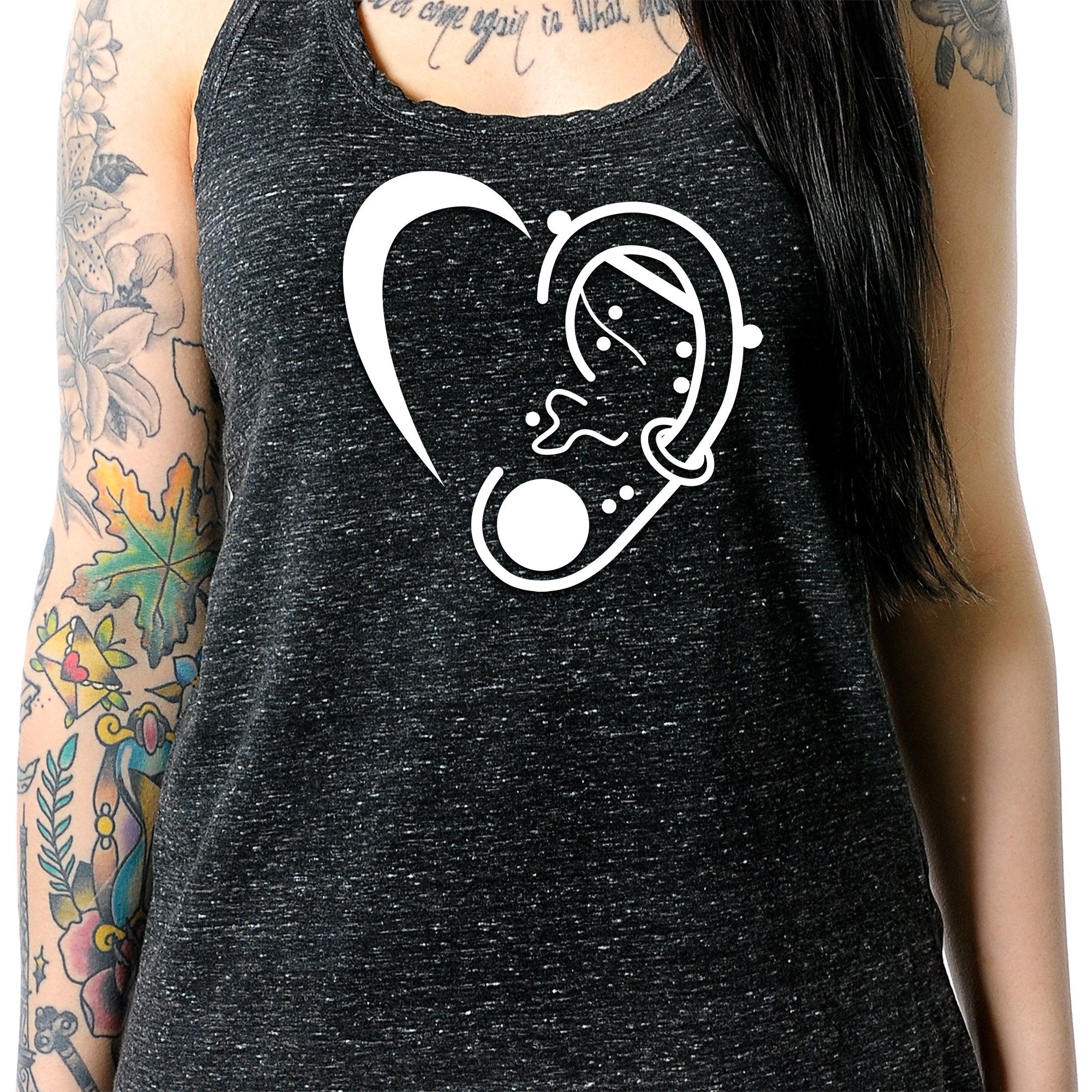 Modified Ear Heart Black Gray Cosmic Twist Back Tank Top