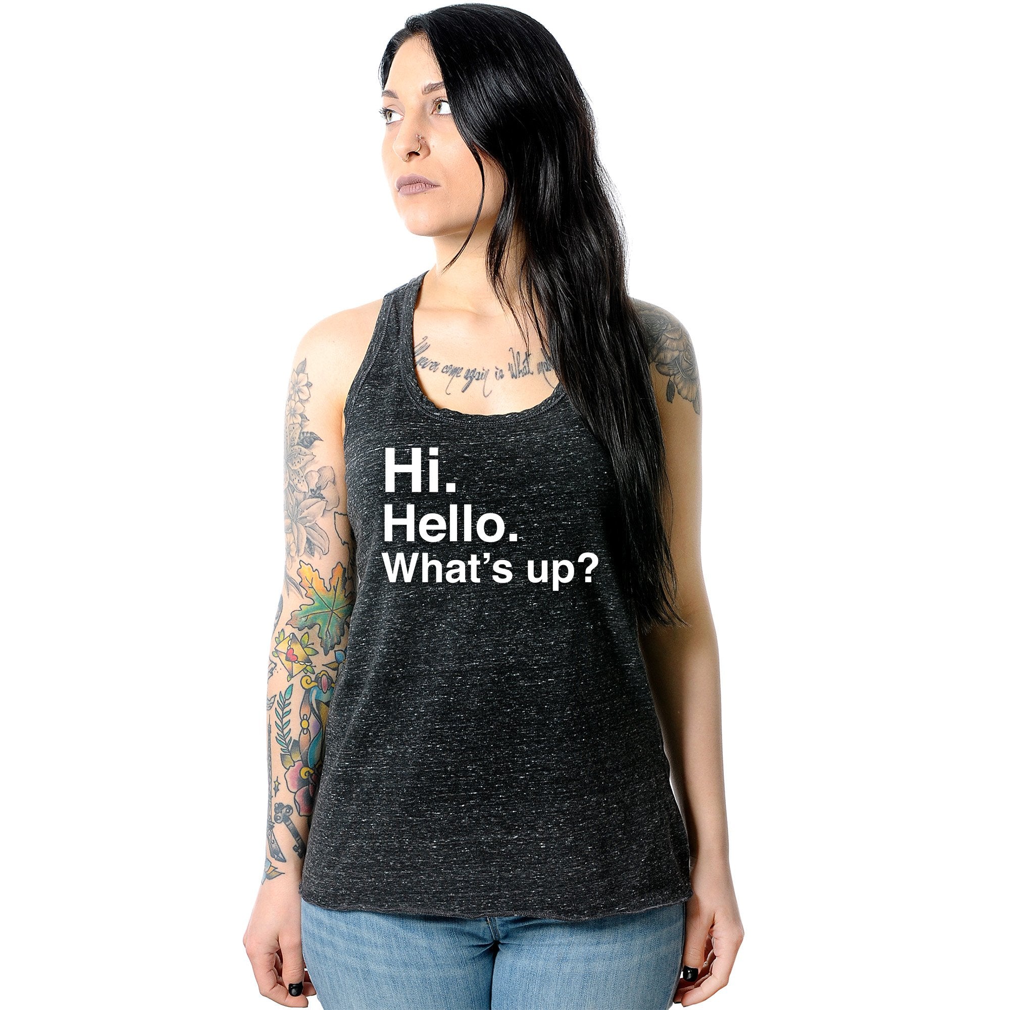 Hi. Hello. What's up? Black Gray Cosmic Twist Back Tank Top