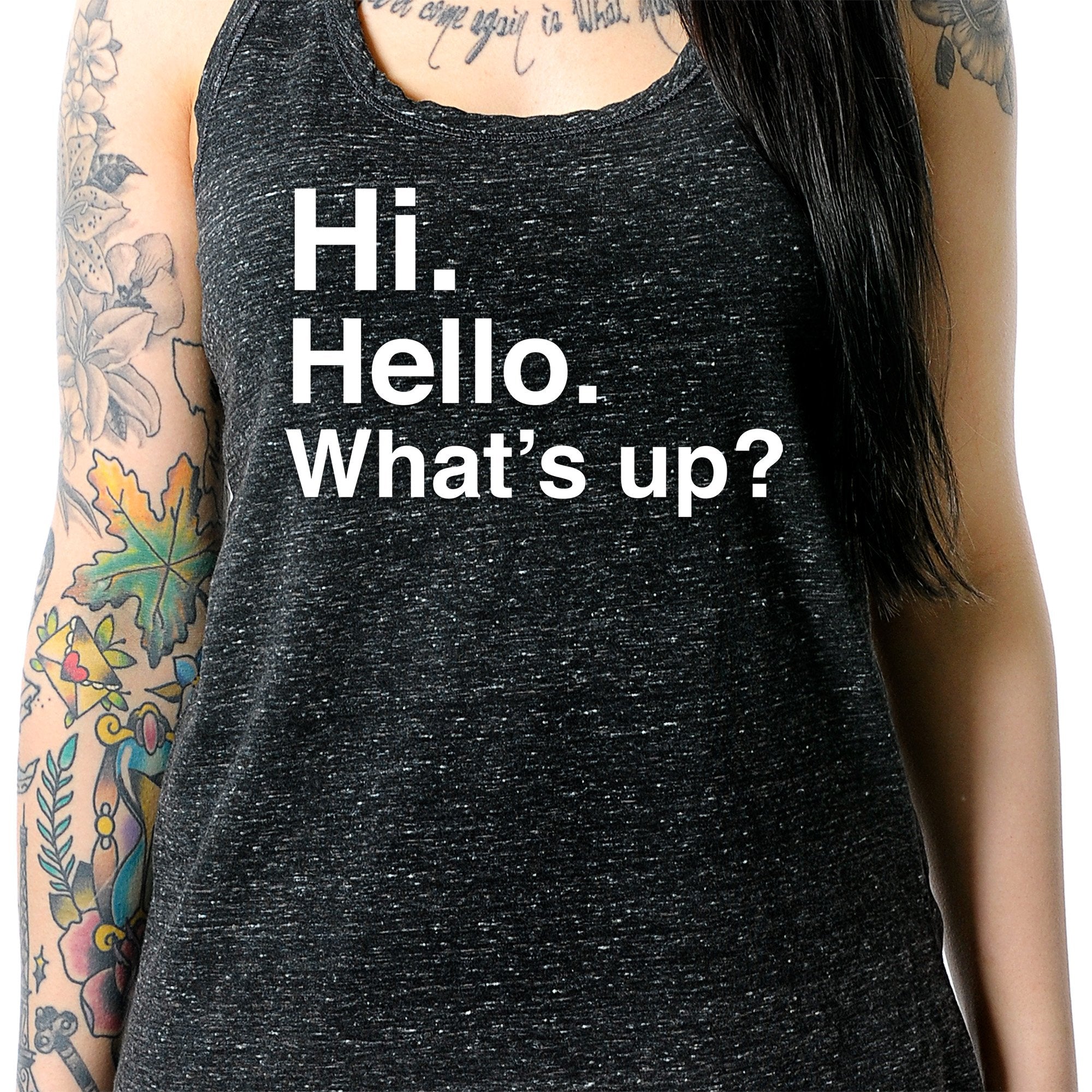 Hi. Hello. What's up? Black Gray Cosmic Twist Back Tank Top