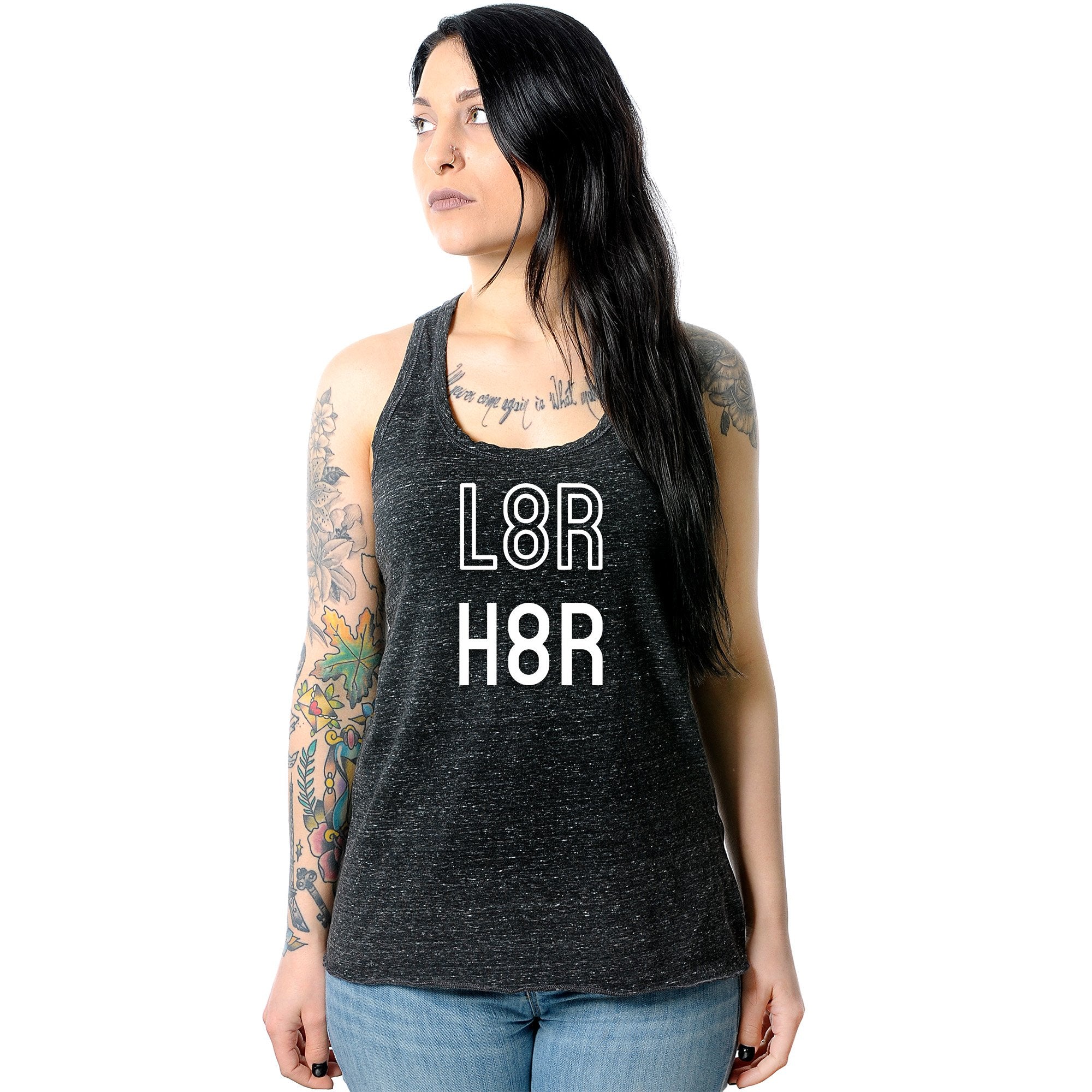 L8R H8R Black Gray Cosmic Twist Back Tank Top