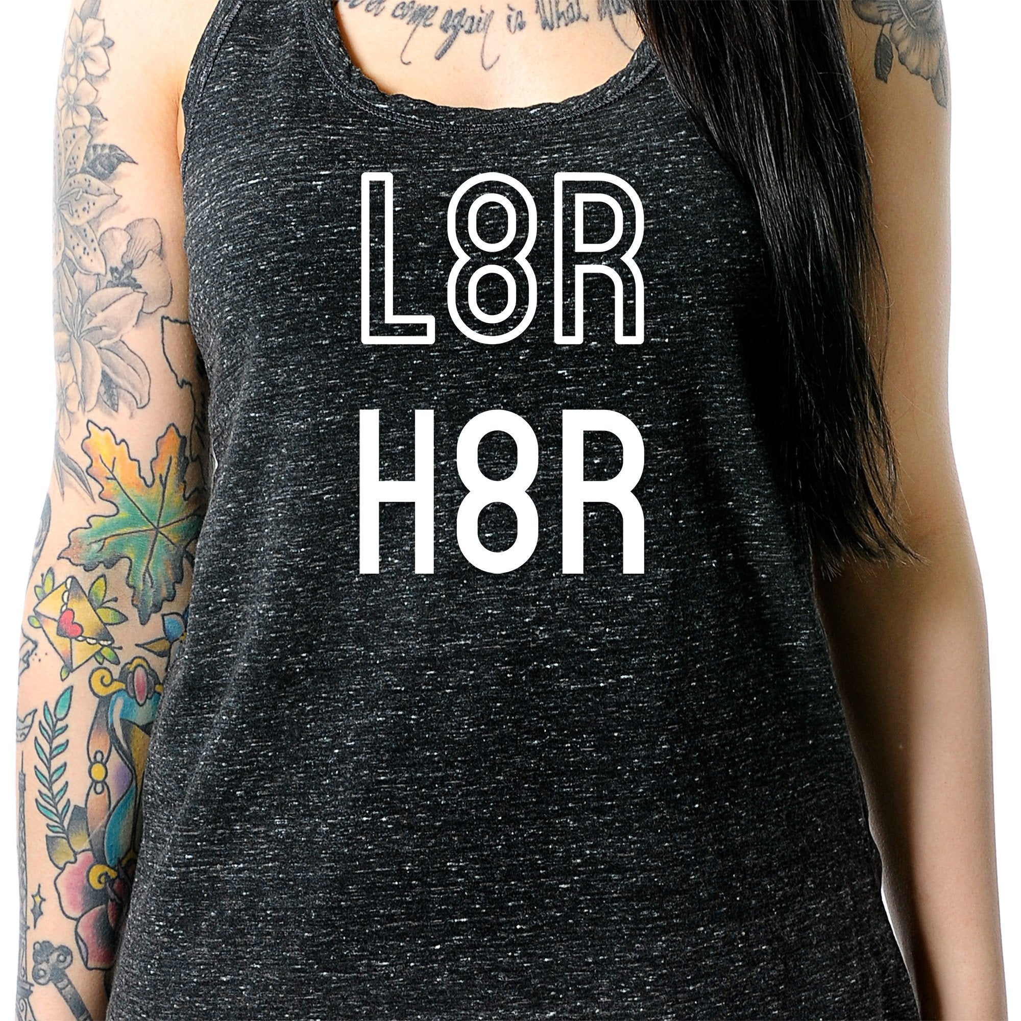 L8R H8R Black Gray Cosmic Twist Back Tank Top