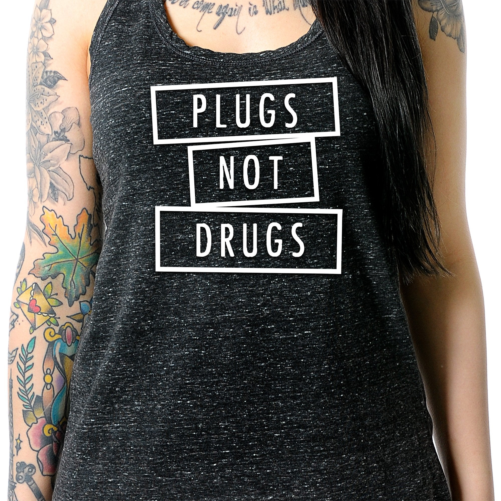 Plugs Not Drugs Black Gray Cosmic Twist Back Tank Top