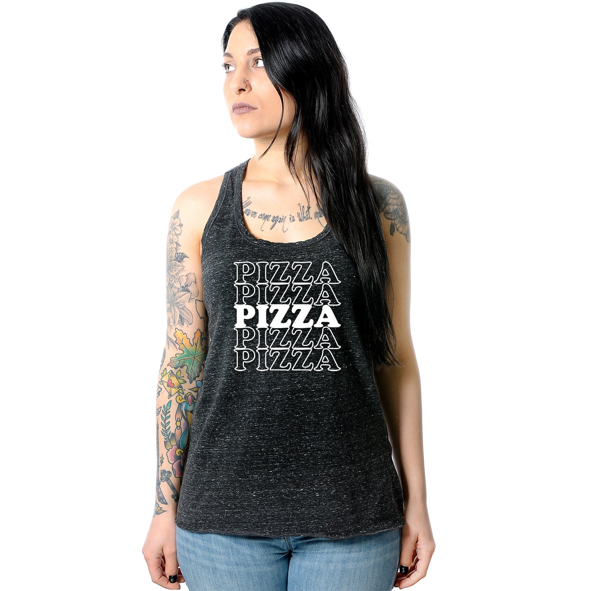 Pizza Pizza Pizza Pizza Pizza Black Gray Cosmic Twist Back Tank Top