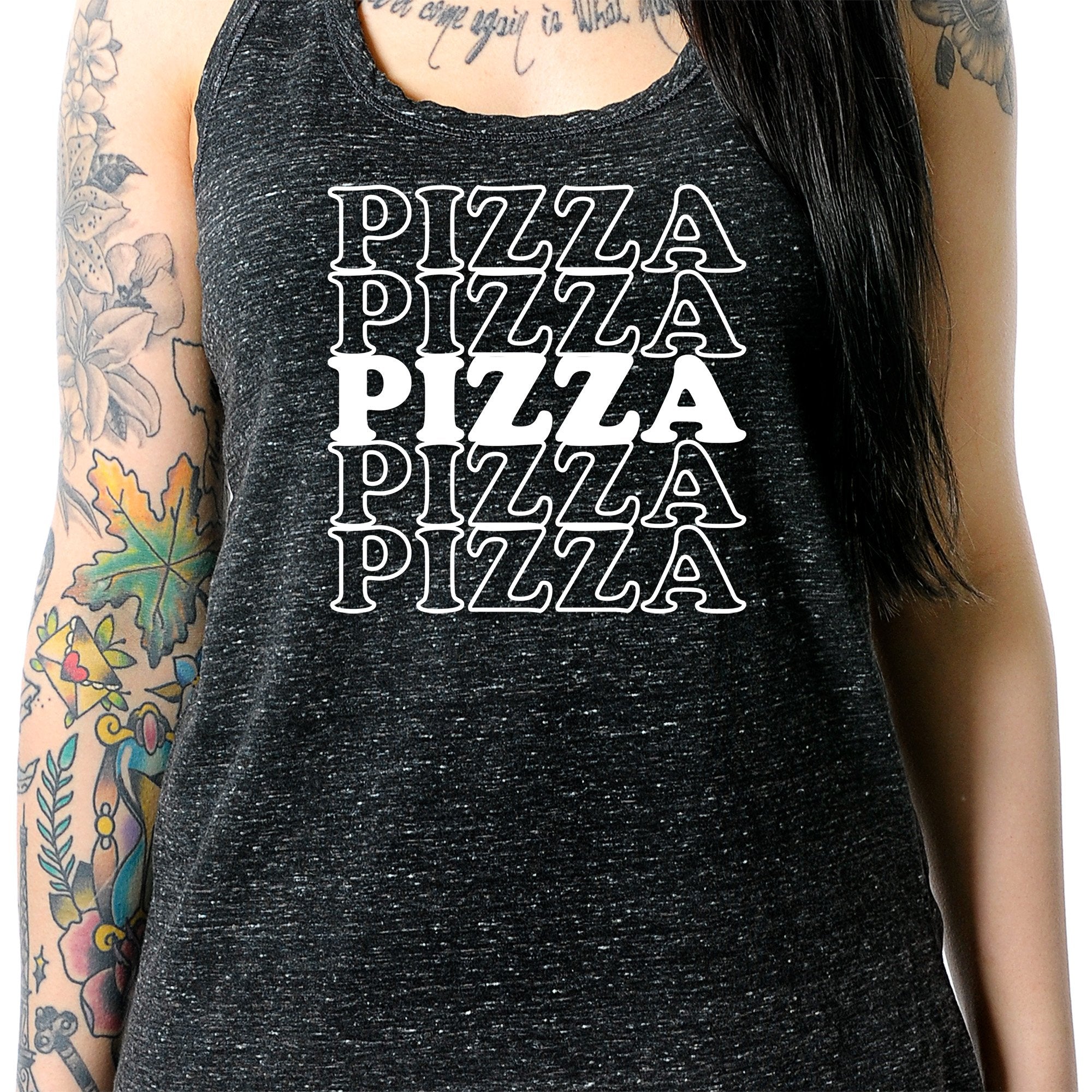 Pizza Pizza Pizza Pizza Pizza Black Gray Cosmic Twist Back Tank Top