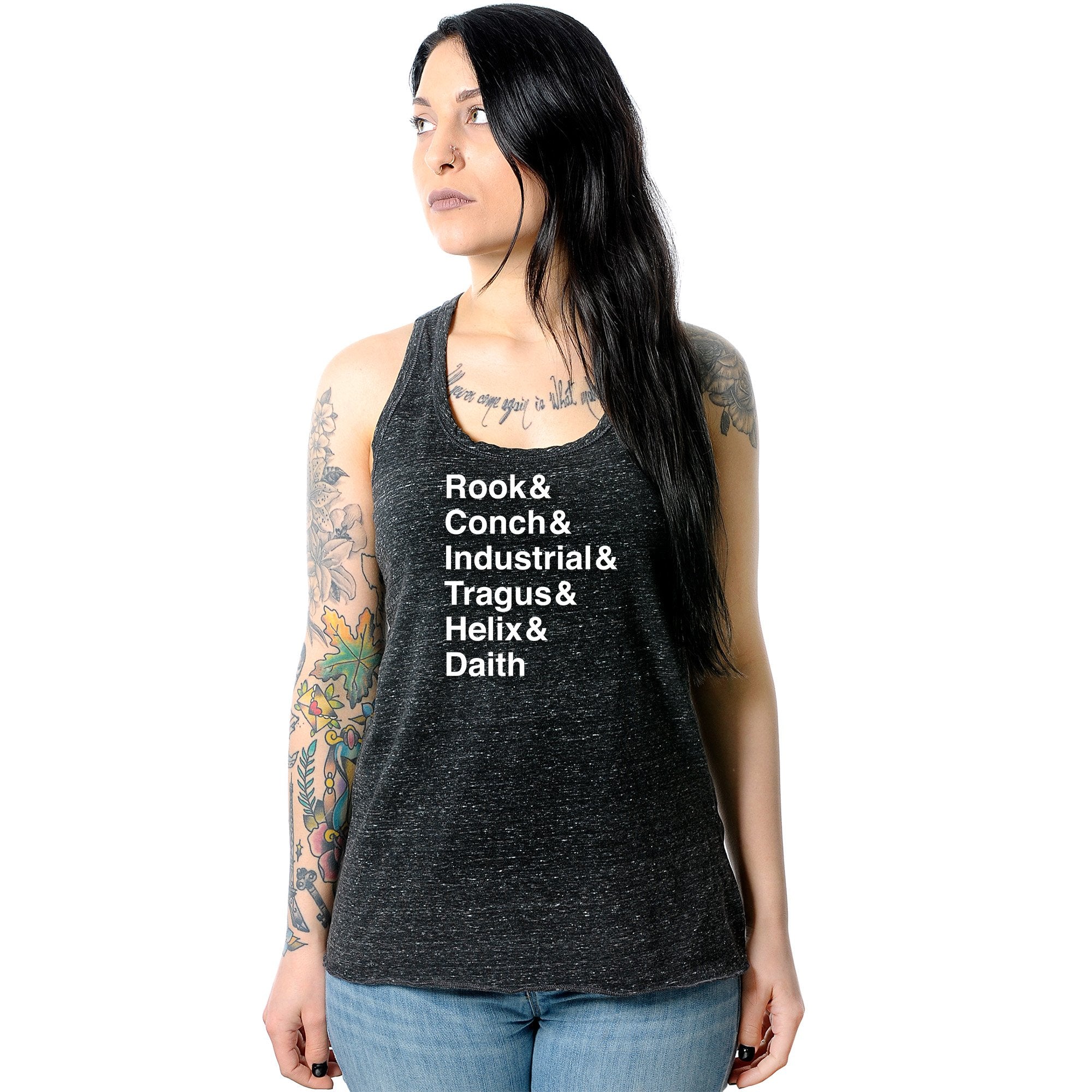 Rook & Conch & Industrial & Tragus & Helix & Daith Black Gray Cosmic Twist Back Tank Top