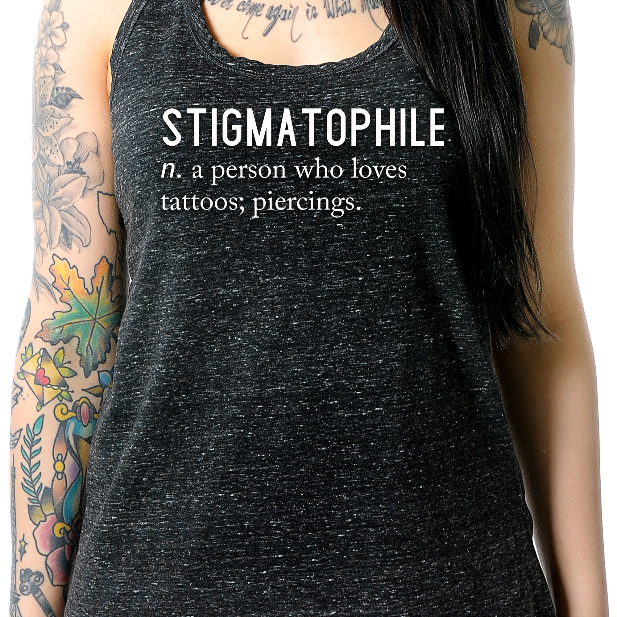 Stigmatophile n. a person who loves tattoos; piercings. Black Gray Cosmic Twist Back Tank Top