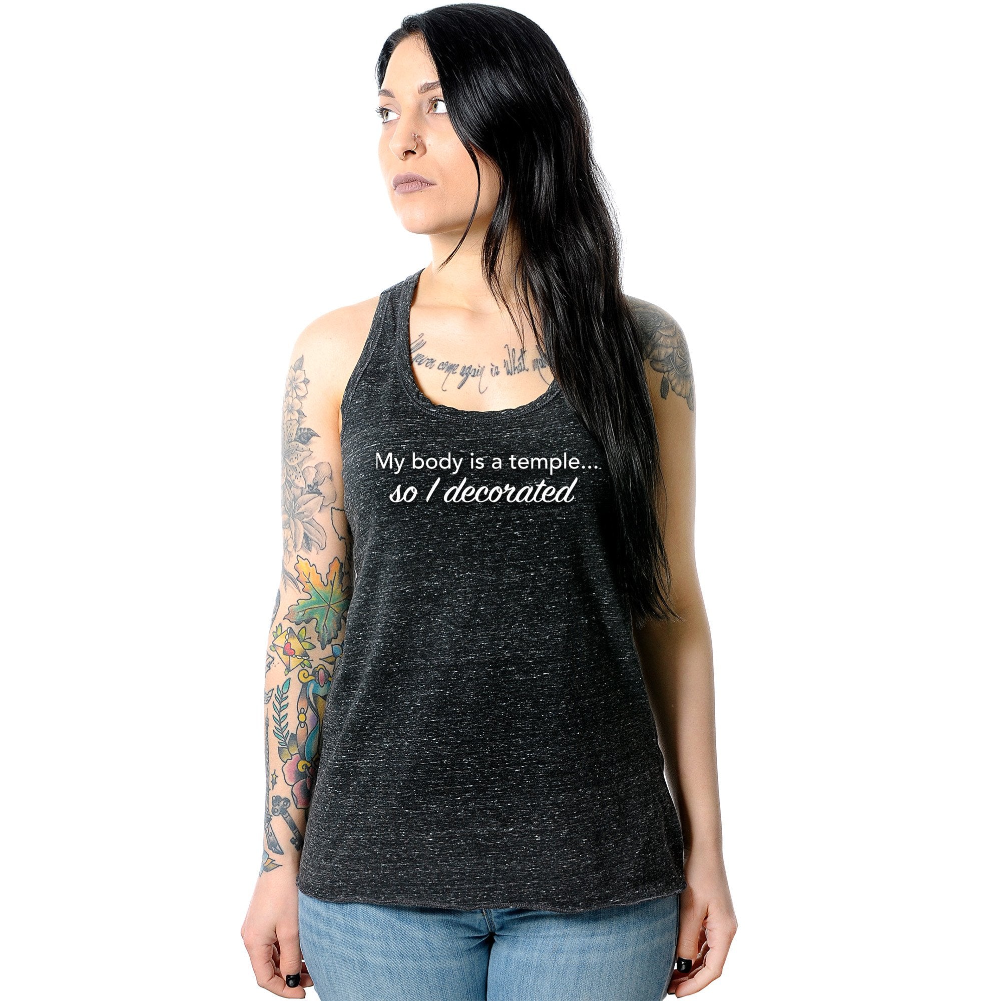 My Body is a Temple... So I Decorated Black Gray Cosmic Twist Back Tank Top