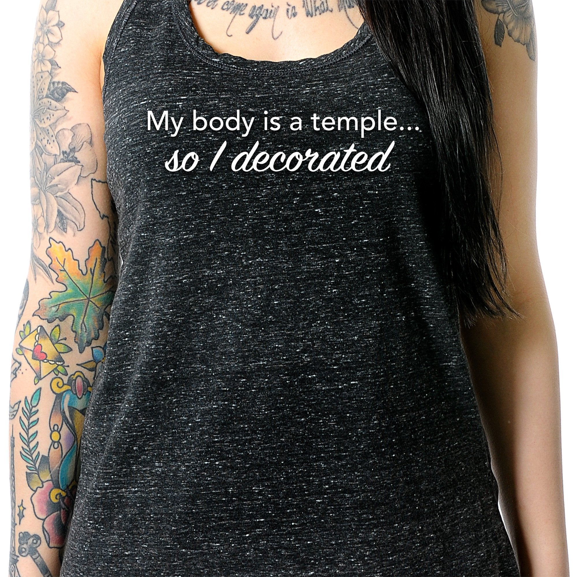 My Body is a Temple... So I Decorated Black Gray Cosmic Twist Back Tank Top