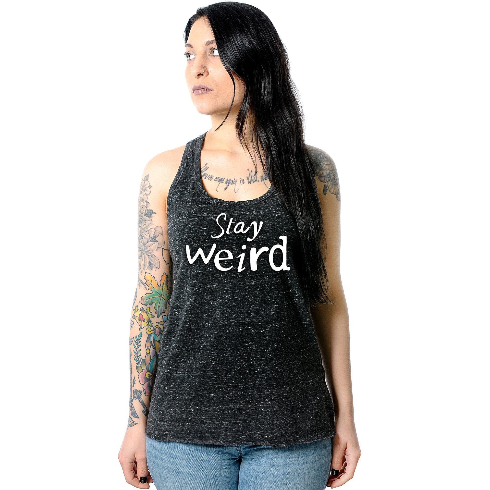 Stay Weird Black Gray Cosmic Twist Back Tank Top