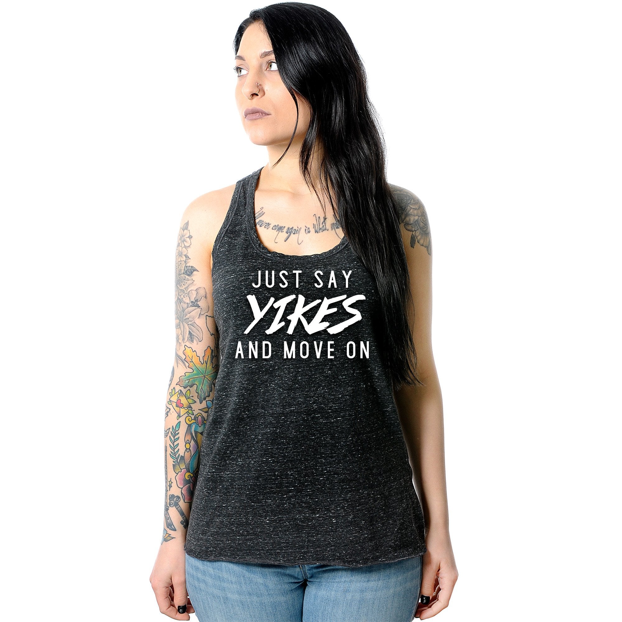 Just Say Yikes and Move On Black Gray Cosmic Twist Back Tank Top