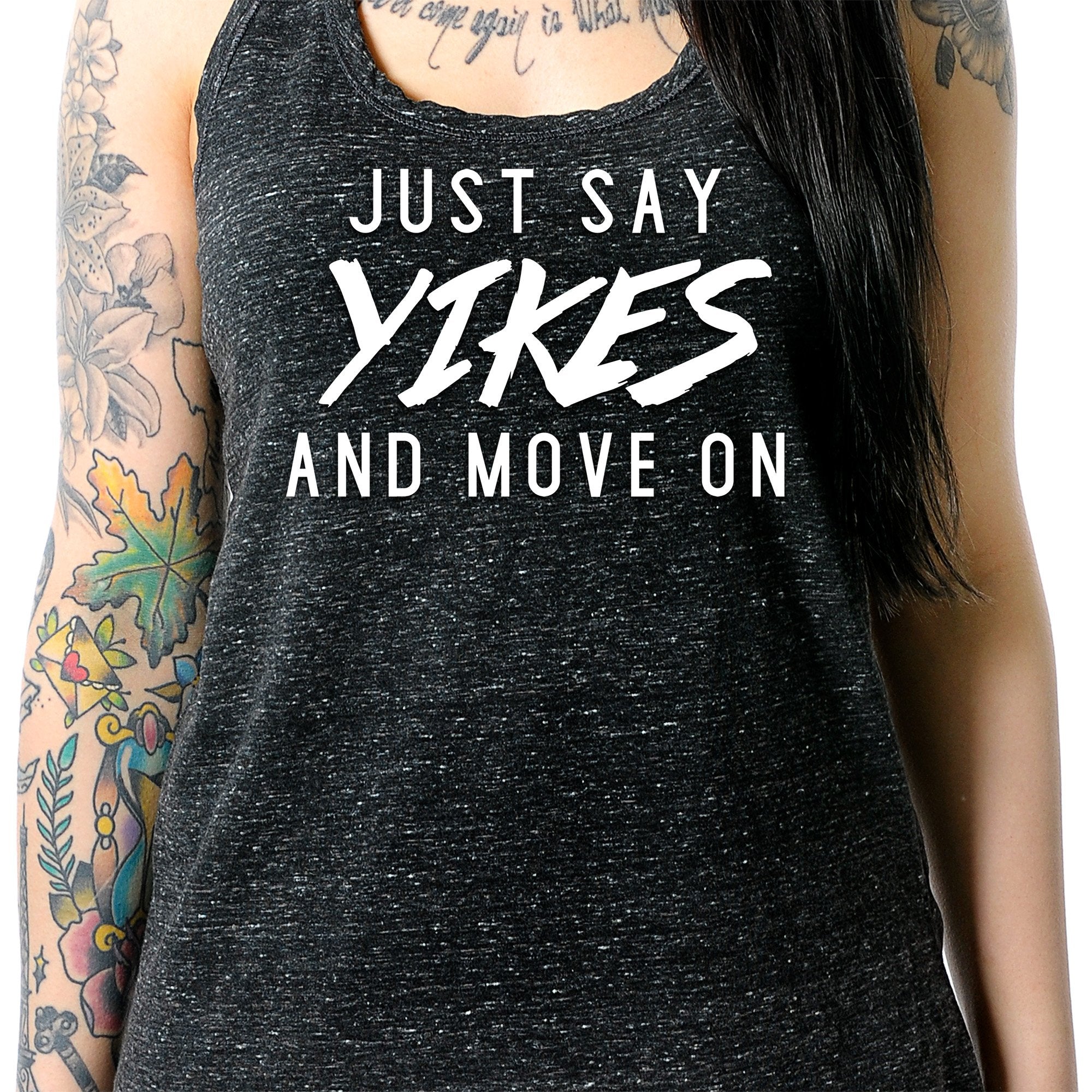 Just Say Yikes and Move On Black Gray Cosmic Twist Back Tank Top