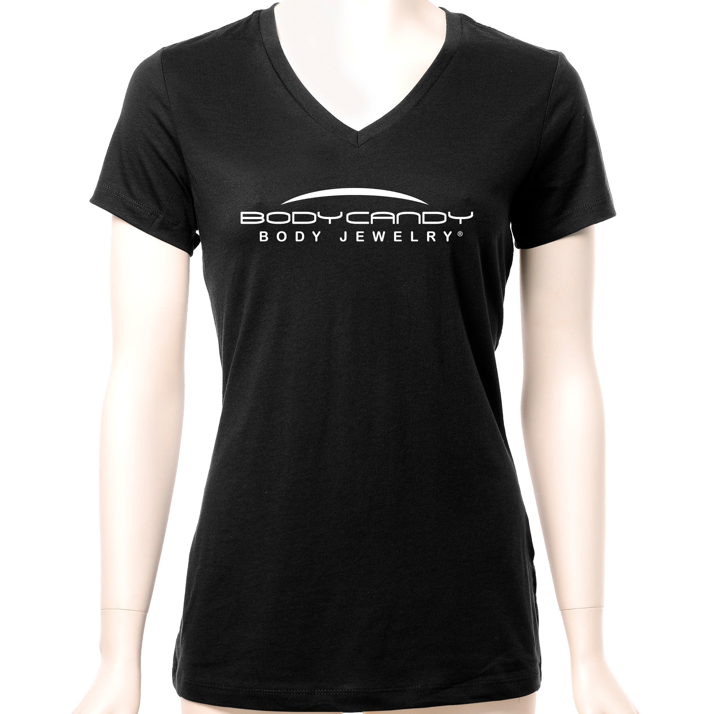 Body Candy Logo Tapered Black V-Neck Tee Shirt 100% Cotton