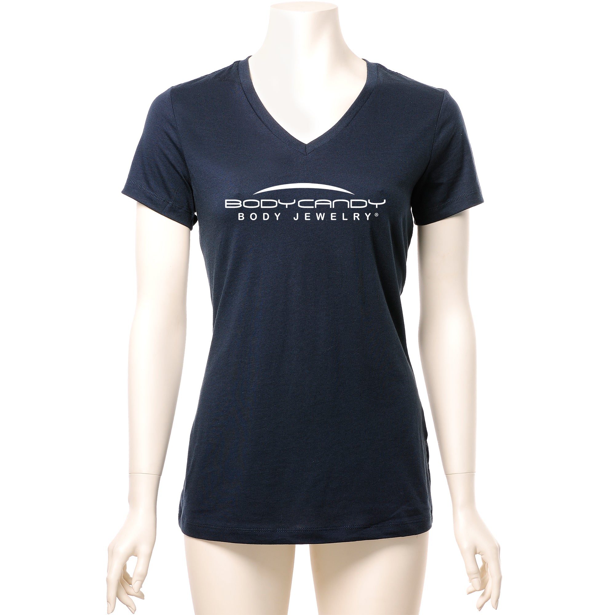 Body Candy Logo Tapered Blue V-Neck Tee Shirt 100% Cotton