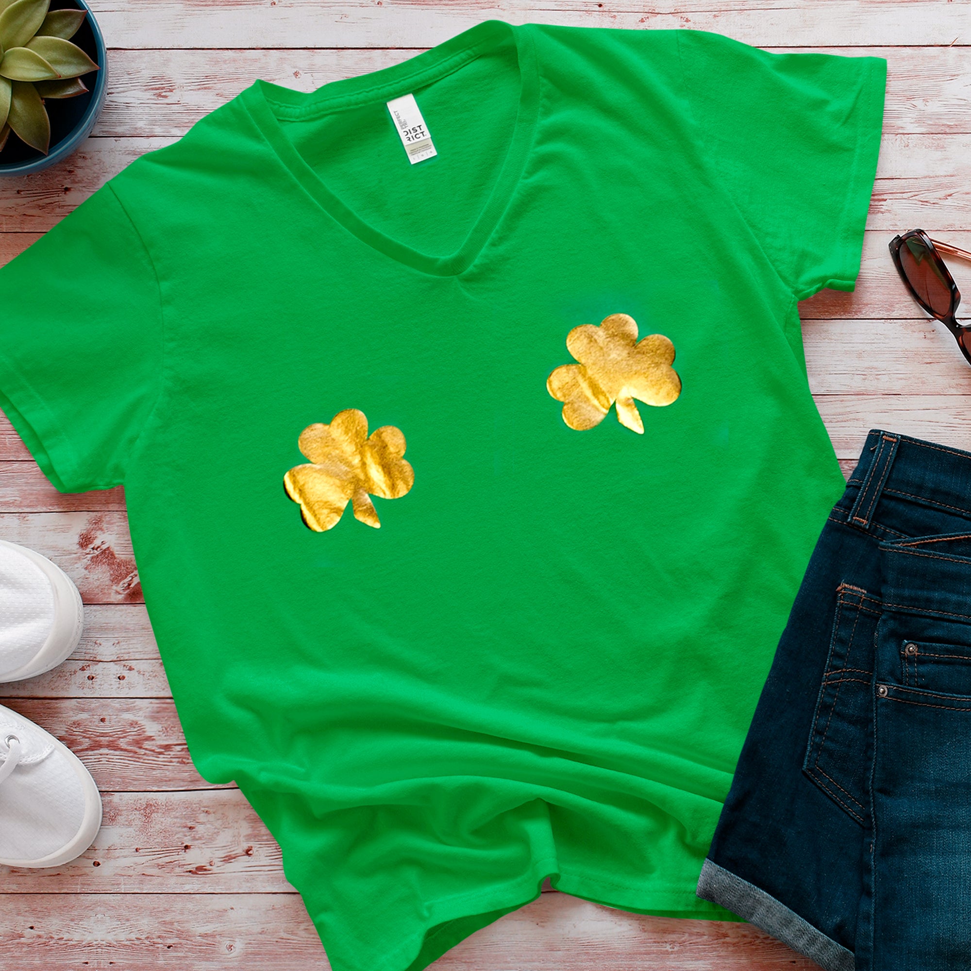 Lucky Gold Shamrocks Green Frost V-Neck Boobies Tee Shirt