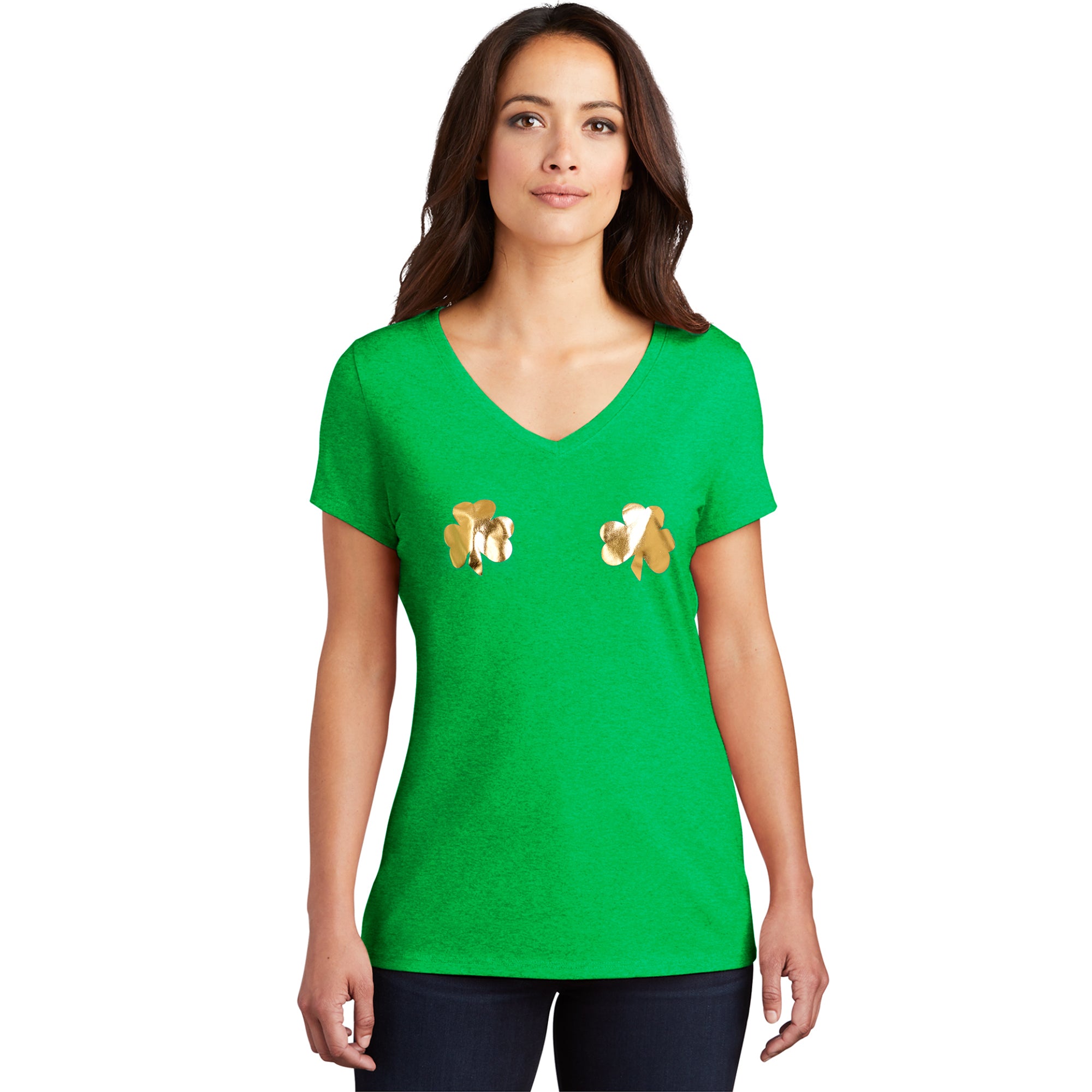 Lucky Gold Shamrocks Green Frost V-Neck Boobies Tee Shirt