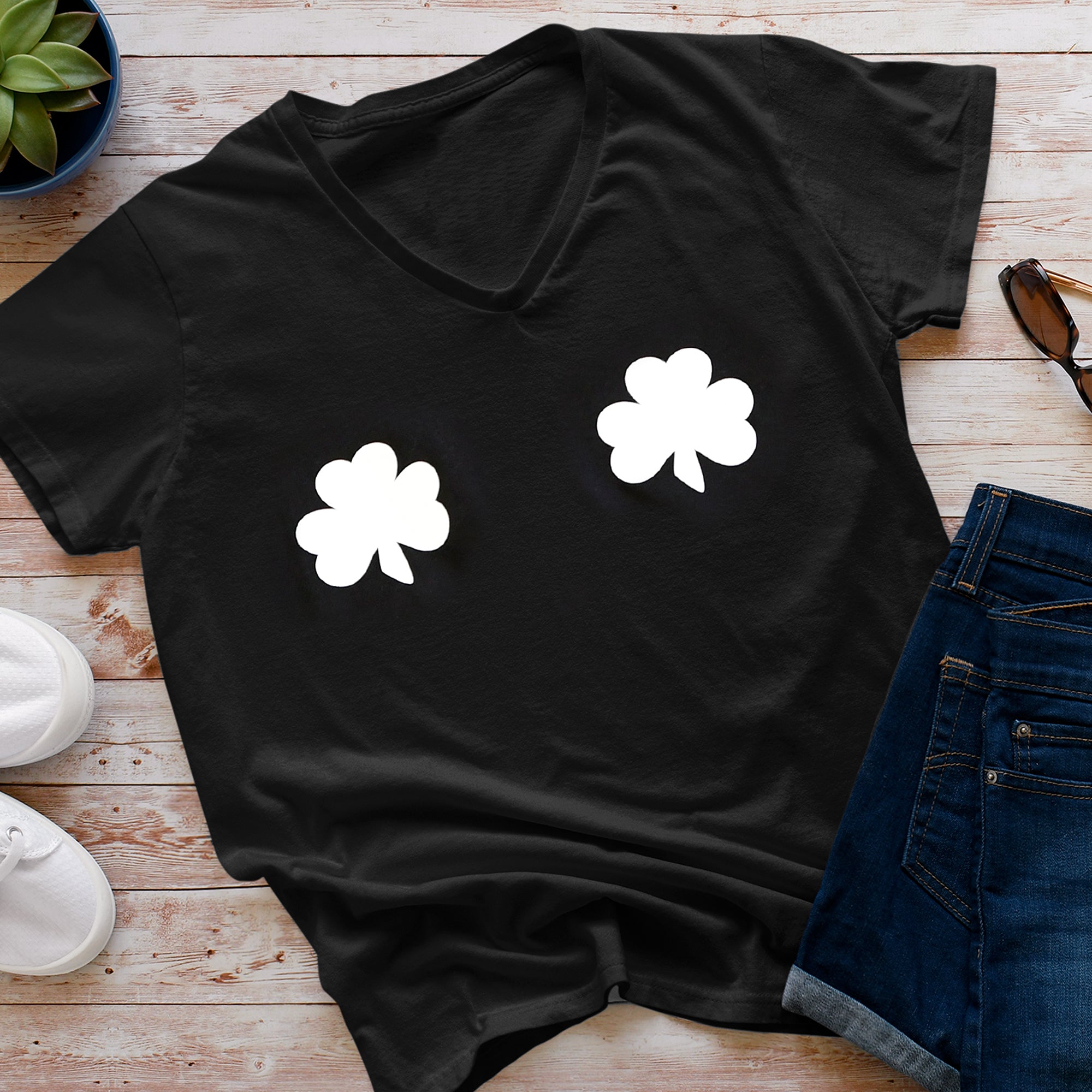 Lucky Glow in the Dark Shamrocks Black V-Neck Boobies Tee Shirt