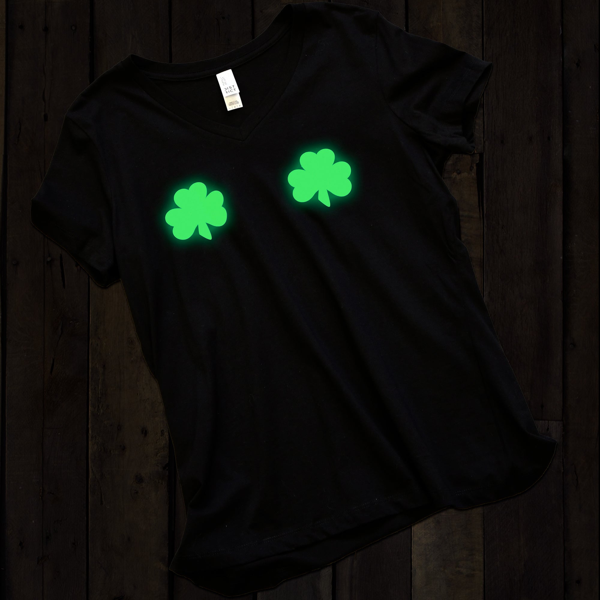 Lucky Glow in the Dark Shamrocks Black V-Neck Boobies Tee Shirt