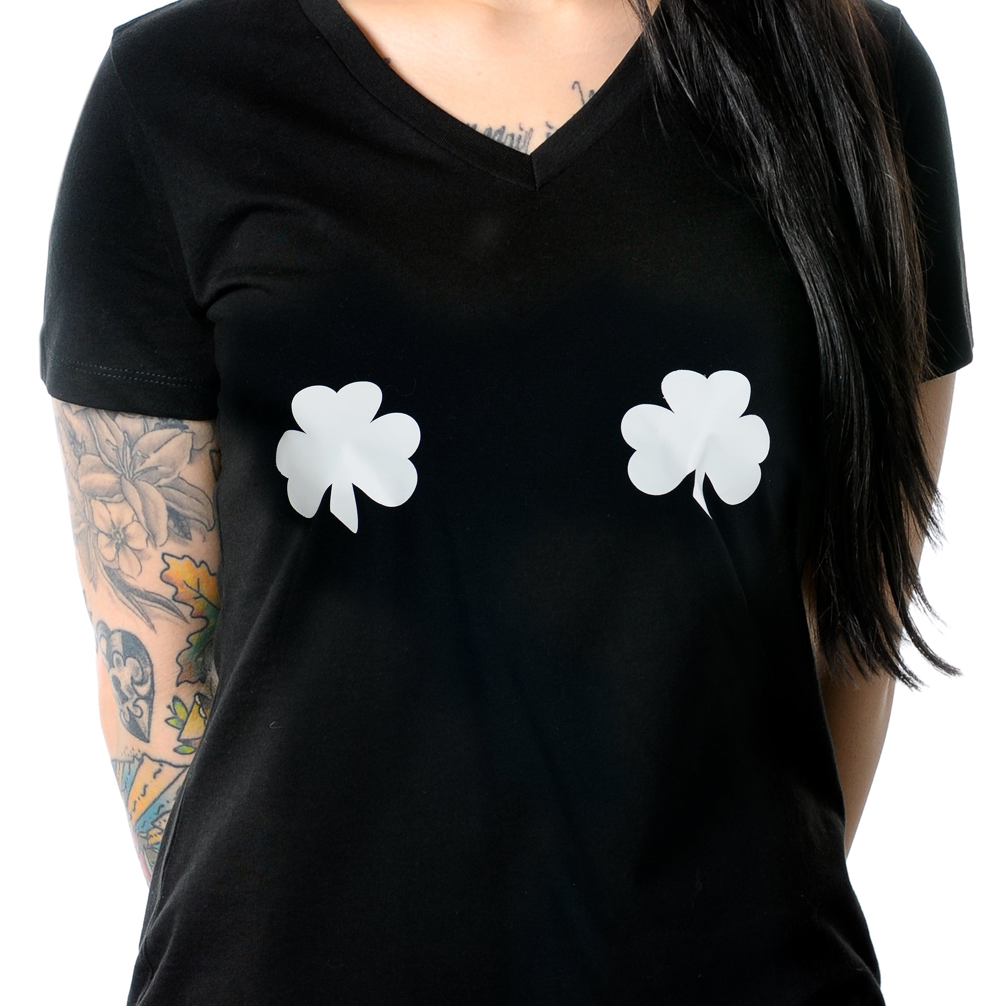 Lucky Glow in the Dark Shamrocks Black V-Neck Boobies Tee Shirt