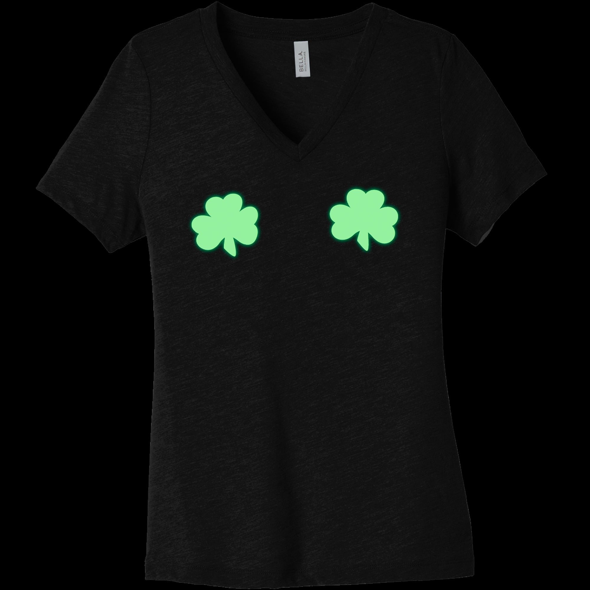 Lucky Glow in the Dark Shamrocks Black V-Neck Boobies Tee Shirt