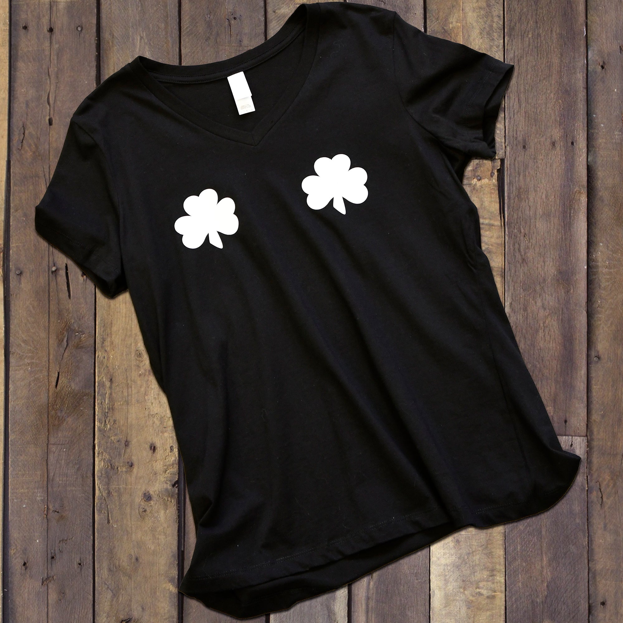 Lucky Glow in the Dark Shamrocks Black V-Neck Boobies Tee Shirt