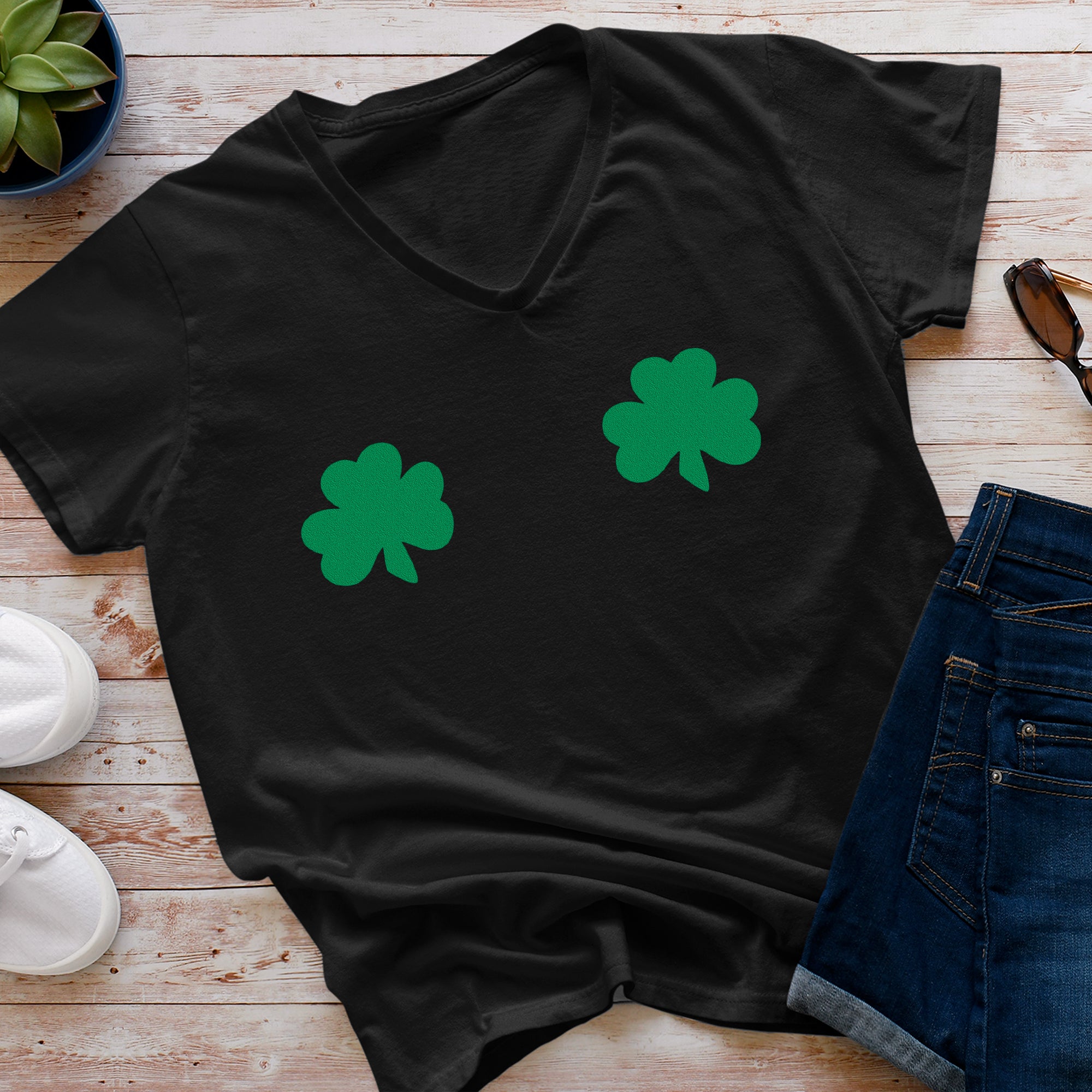 Lucky Green Shamrocks Black V-Neck Boobies Tee Shirt